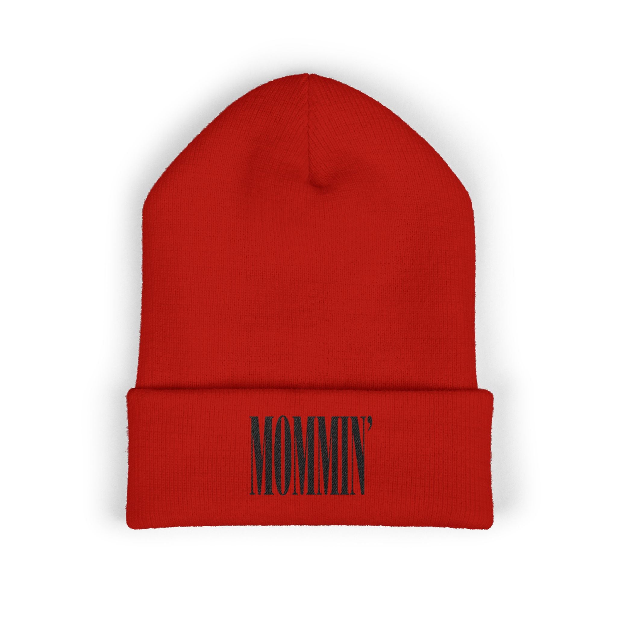 Embroidered "Mommin'" Cuffed Beanie — Cozy Knit Mom Hat