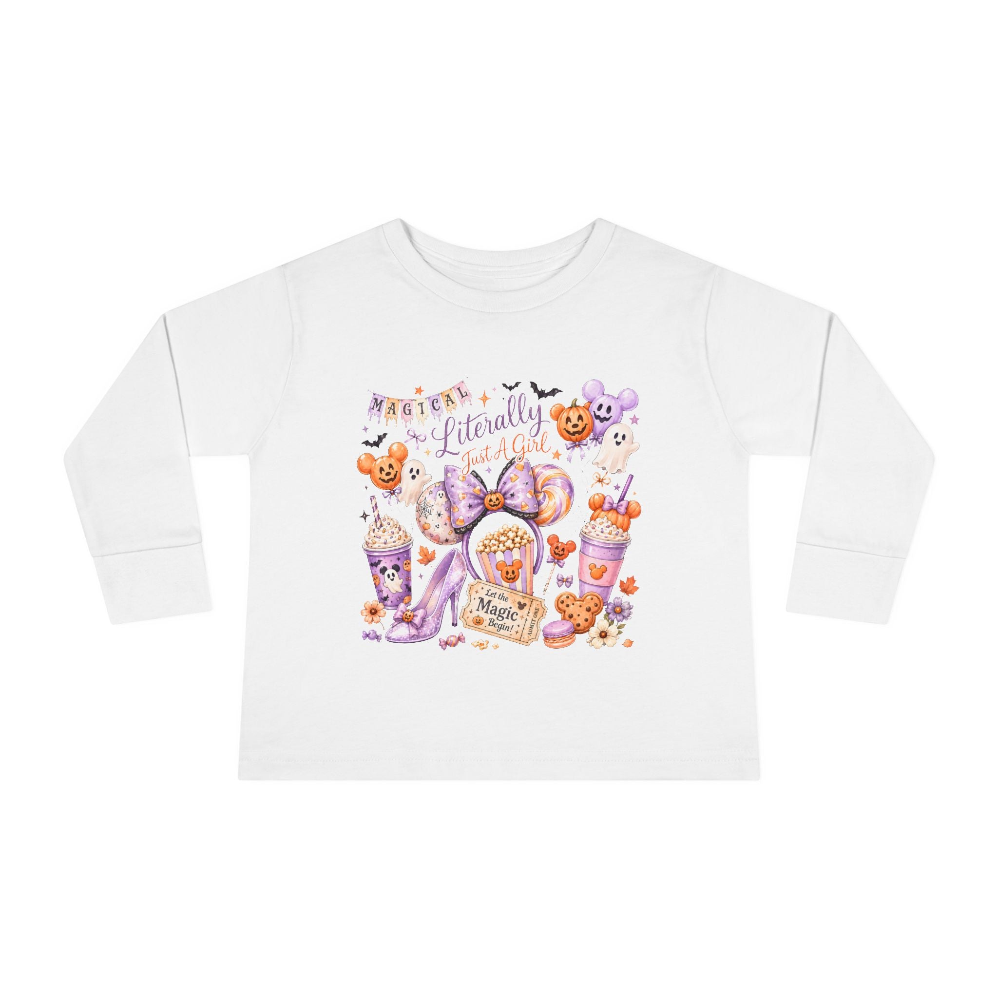 Toddler Long Sleeve Tee — "Pumpkin Spice & Magic" Halloween Minnie Bow Graphic