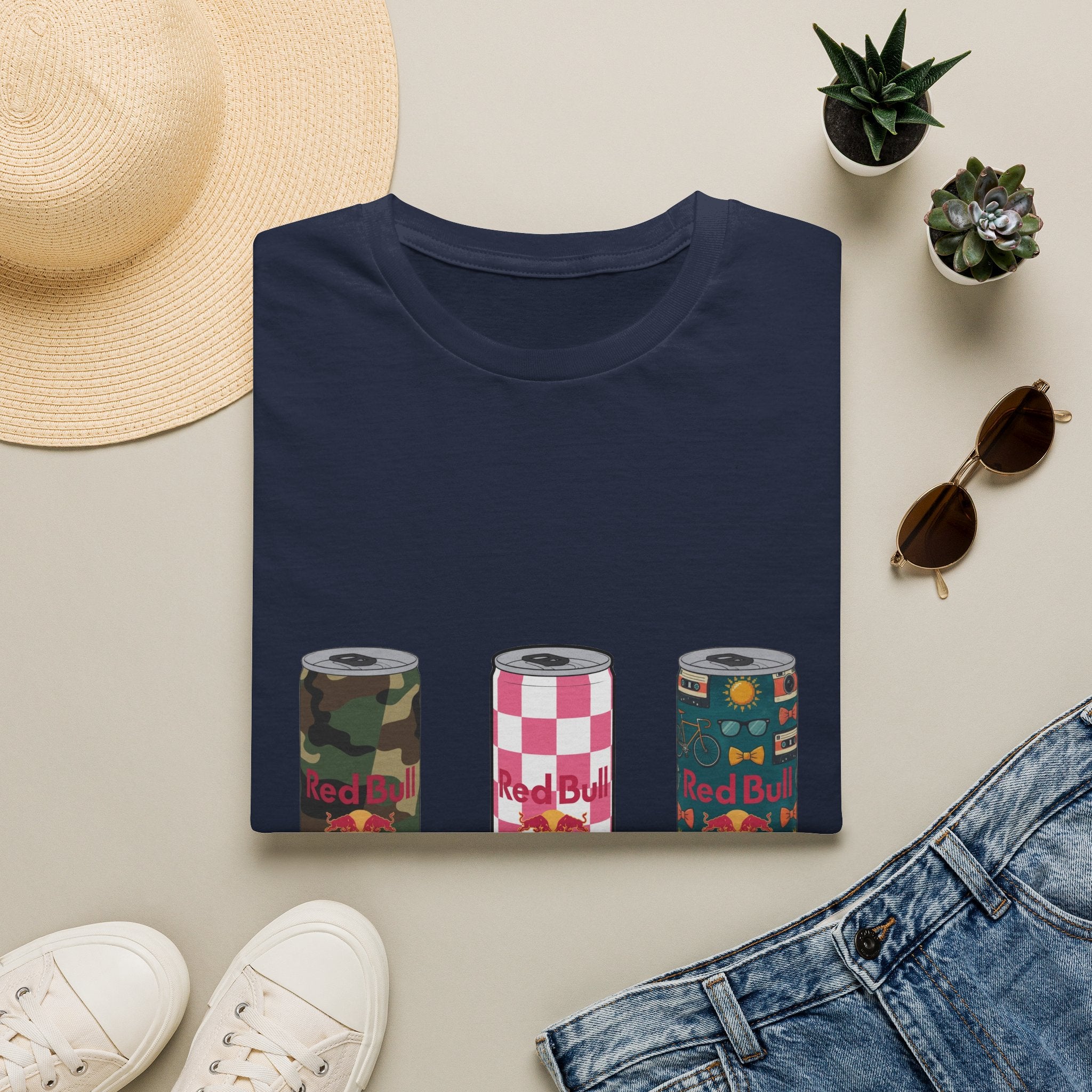 Energy Drink Can Trio T-Shirt — Camouflage, Checker & Floral Cans