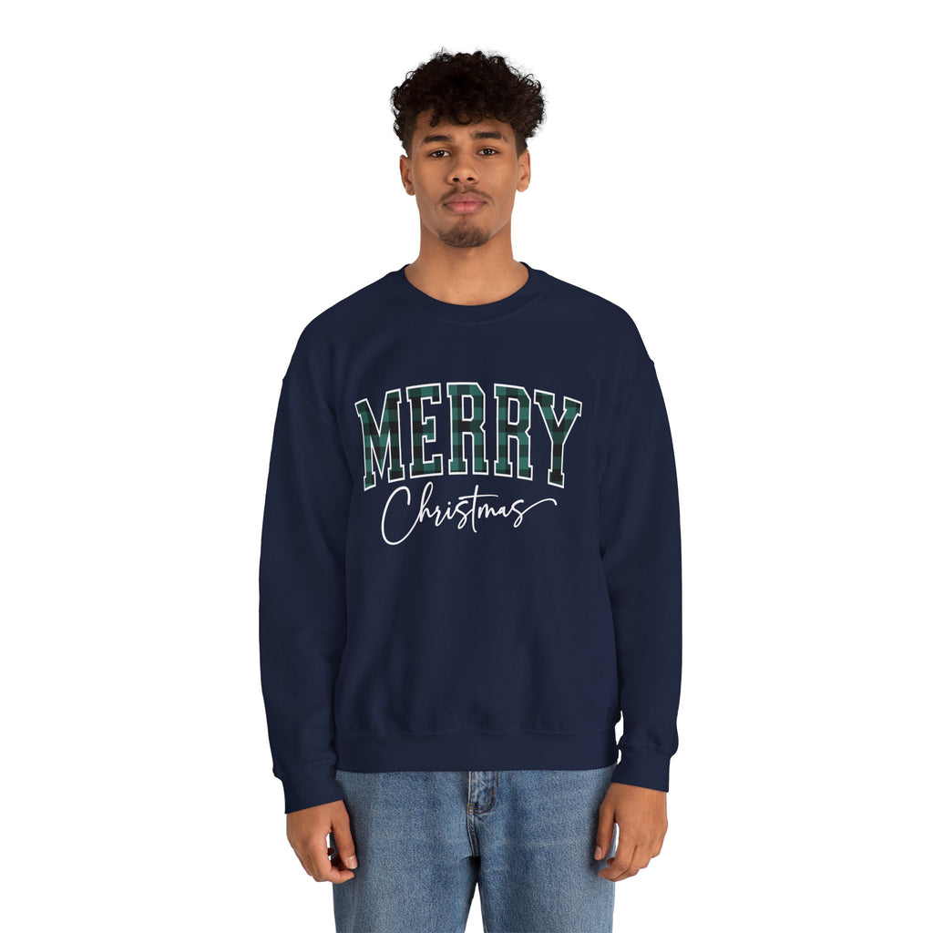 Merry Christmas Crewneck Sweatshirt – Plaid Holiday Graphic Crew
