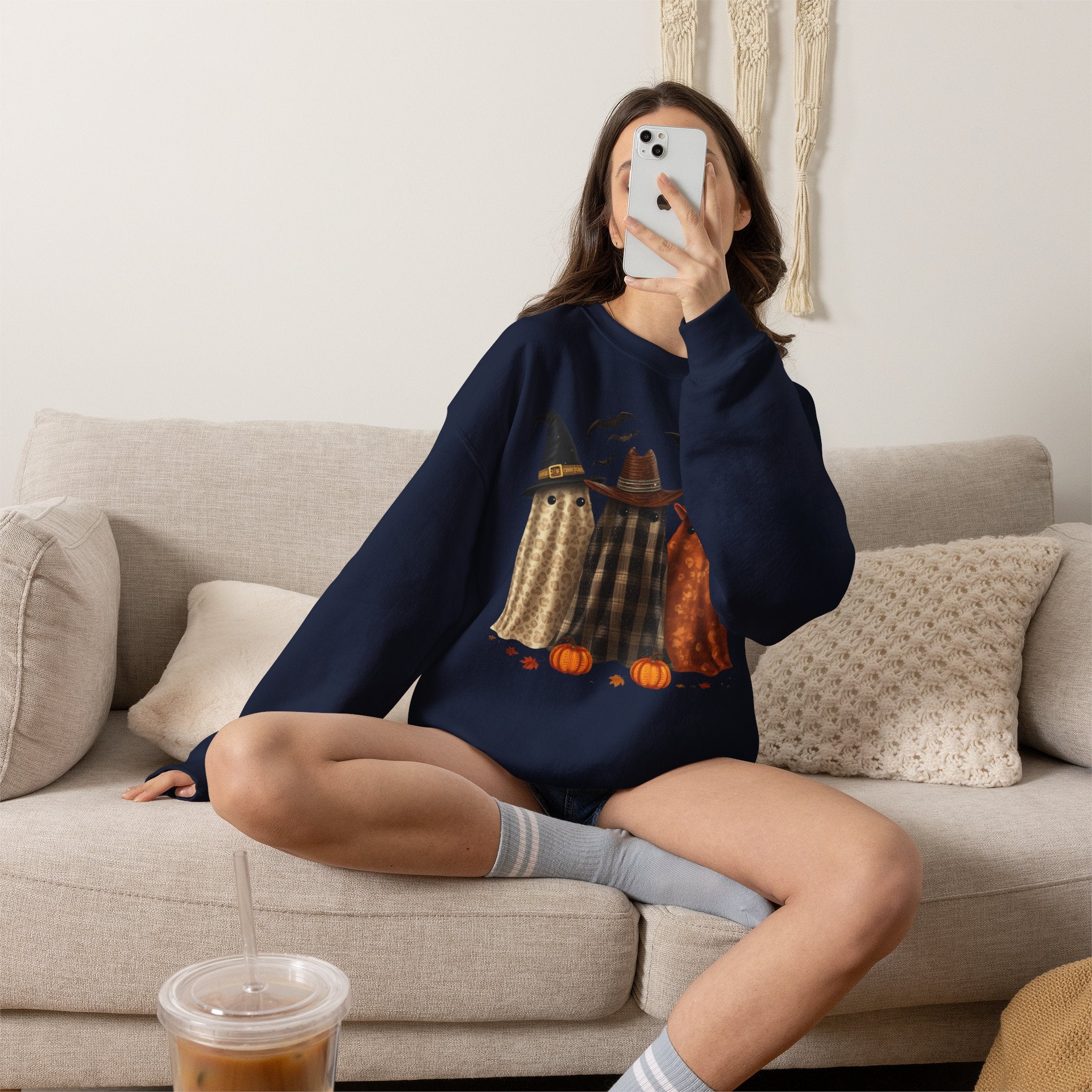 Halloween Witch Ghosts Crewneck Sweatshirt — Cozy Pumpkin & Bats Fall Graphic