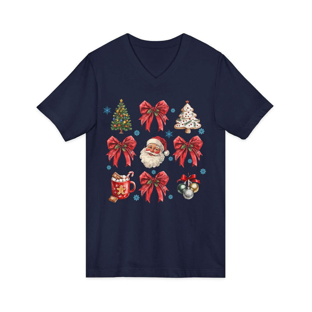Christmas Icons V-Neck Tee — Santa, Trees & Holiday Bows