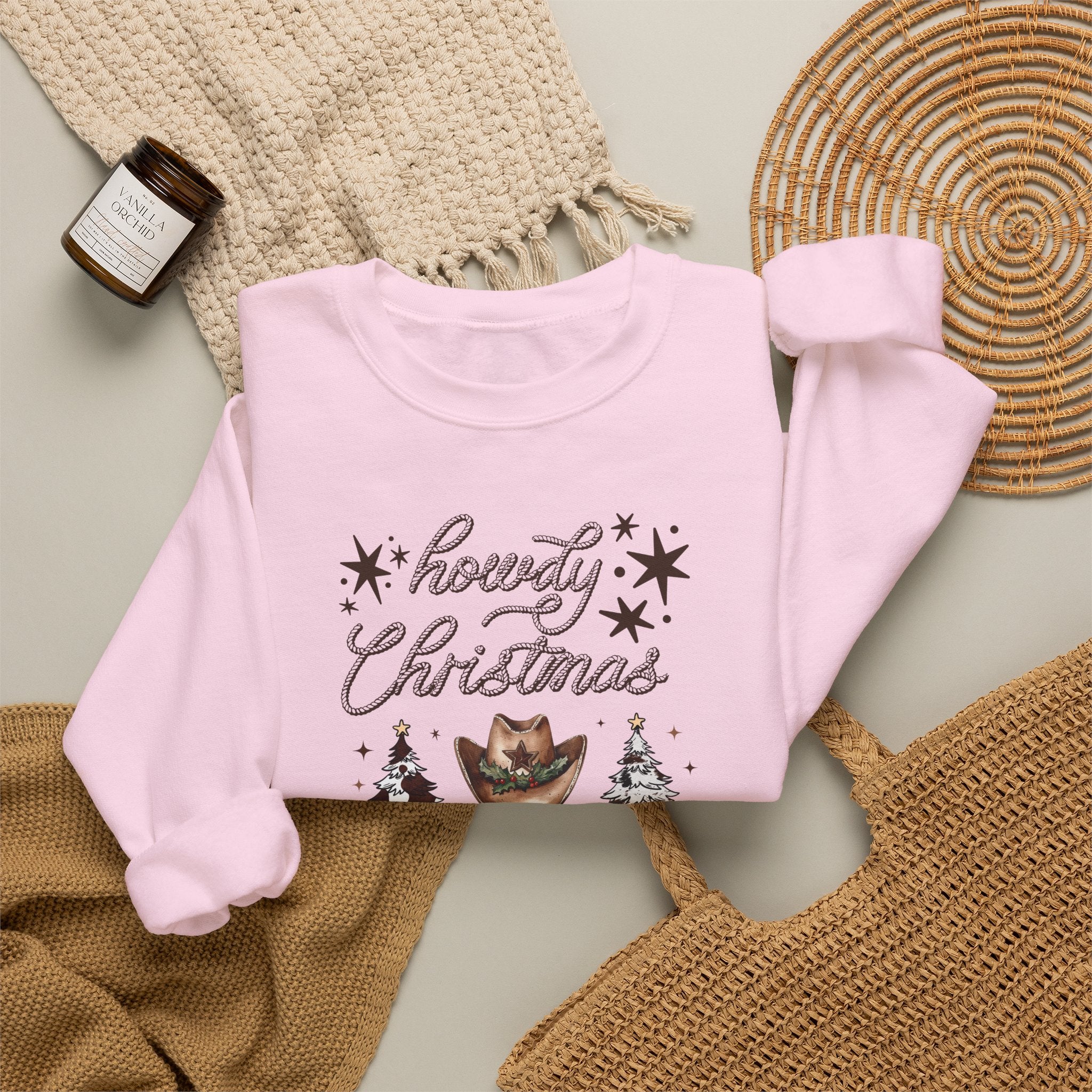 Howdy Christmas Sweatshirt — Western Cowboy Holiday Crewneck with Boots & Trees
