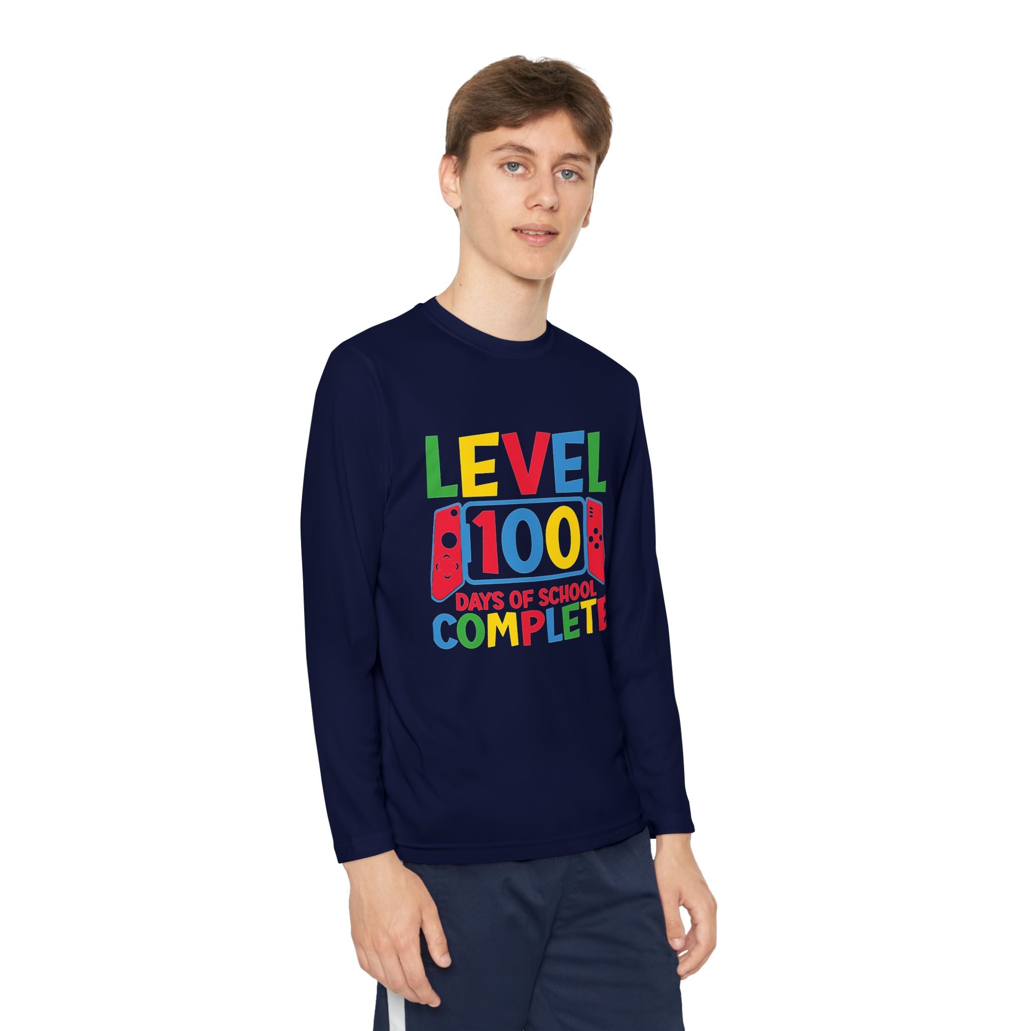 Youth Long Sleeve Shirt - "Level 100 Days of School Complete" 100th Day Celebration Tee