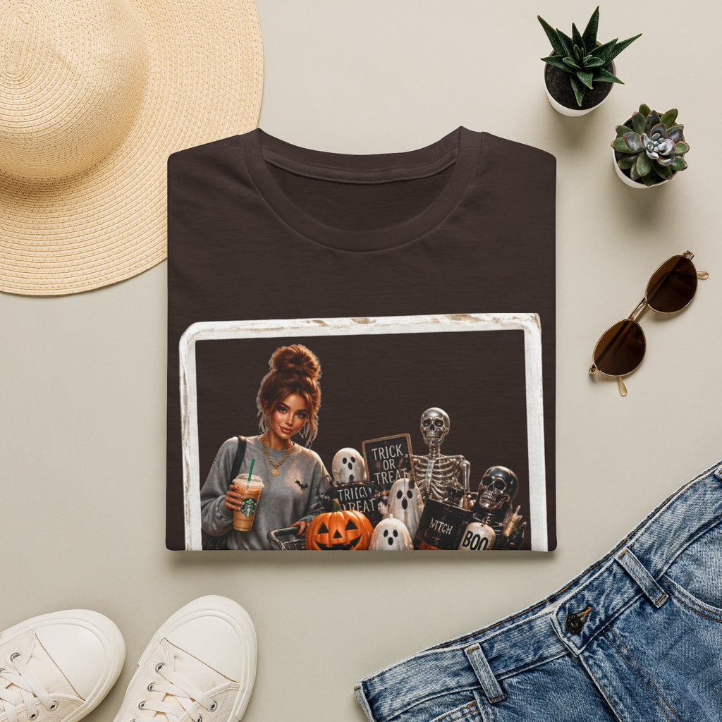 Halloween Cozy Tee — Woman with Pumpkin & Skeleton Graphic