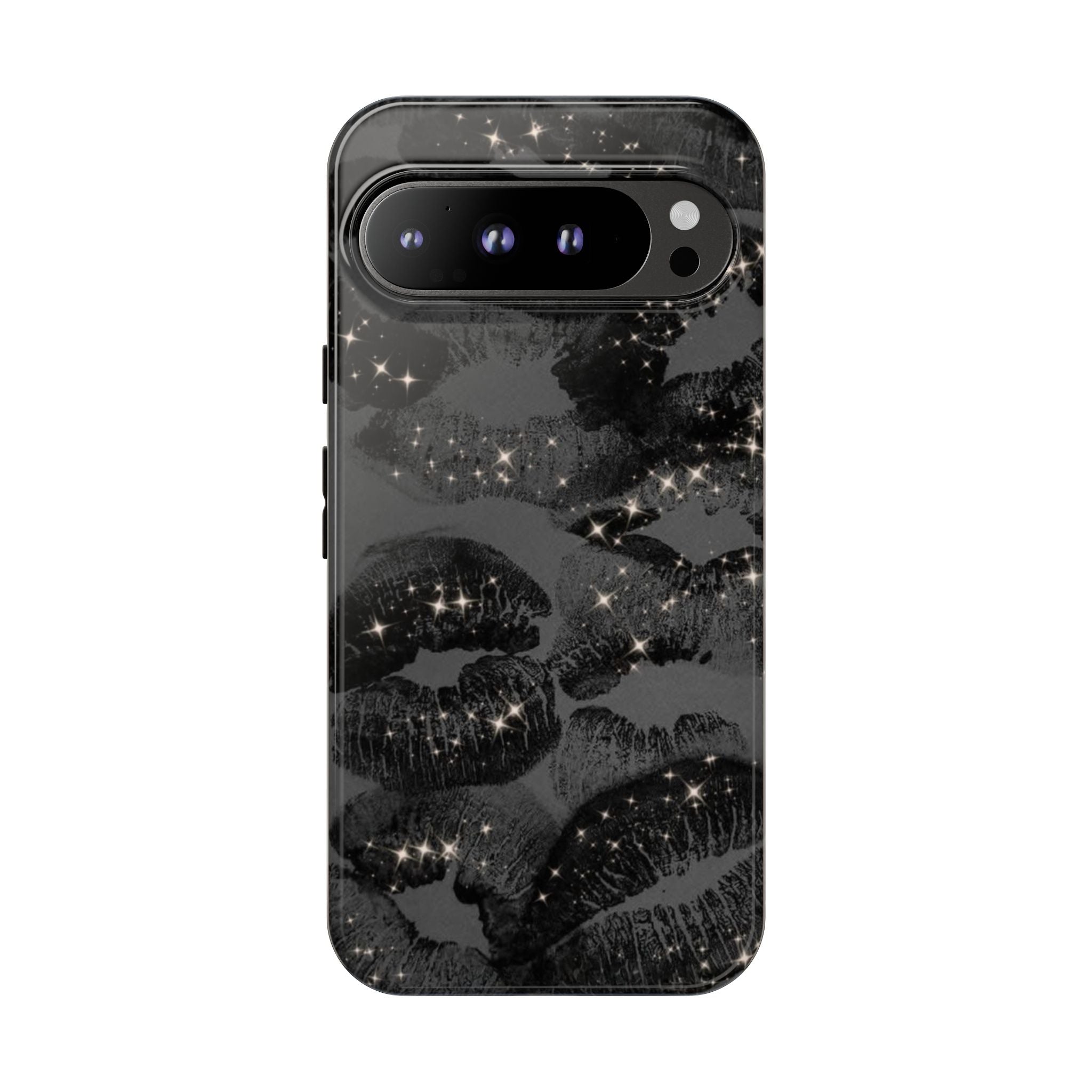 Black Glitter Kiss Phone Case — Sparkling Lip Print Protective Cover