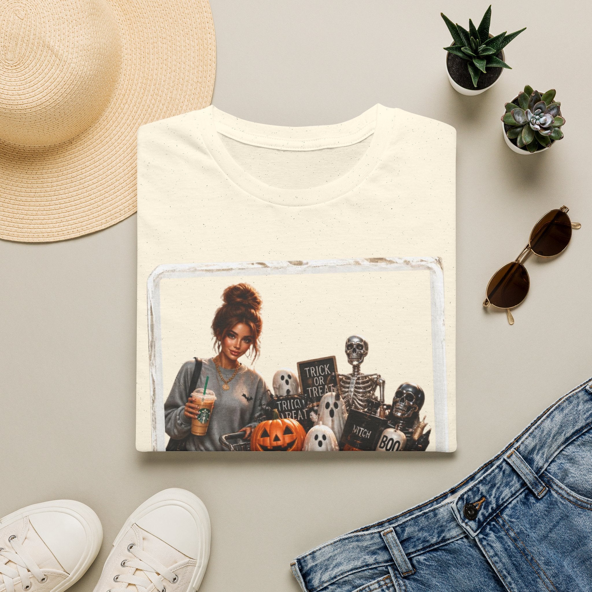 Halloween Cozy Tee — Woman with Pumpkin & Skeleton Graphic