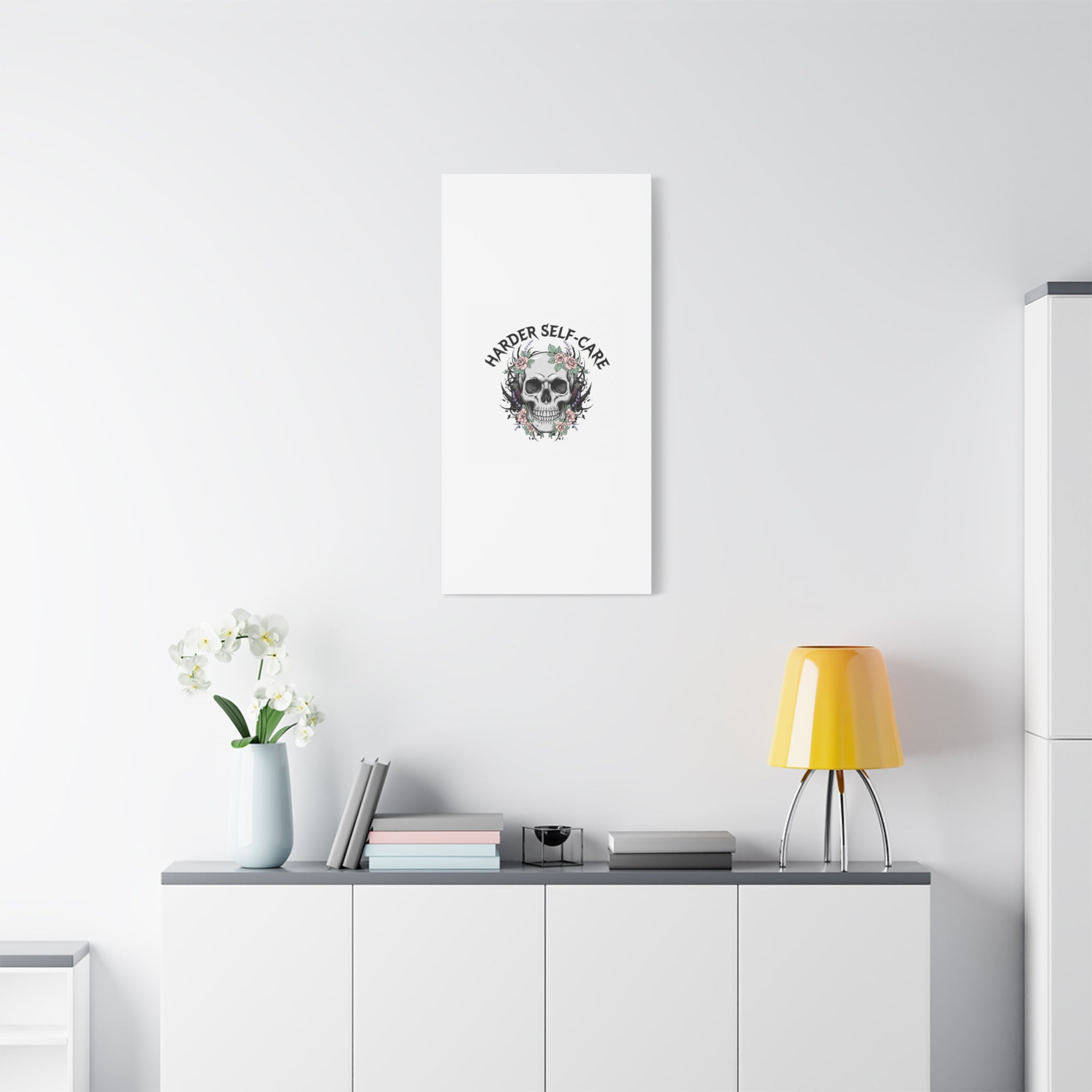 Harder Self-Care Skull Canvas | Heavy Metal Wellness, gothic wellness quote