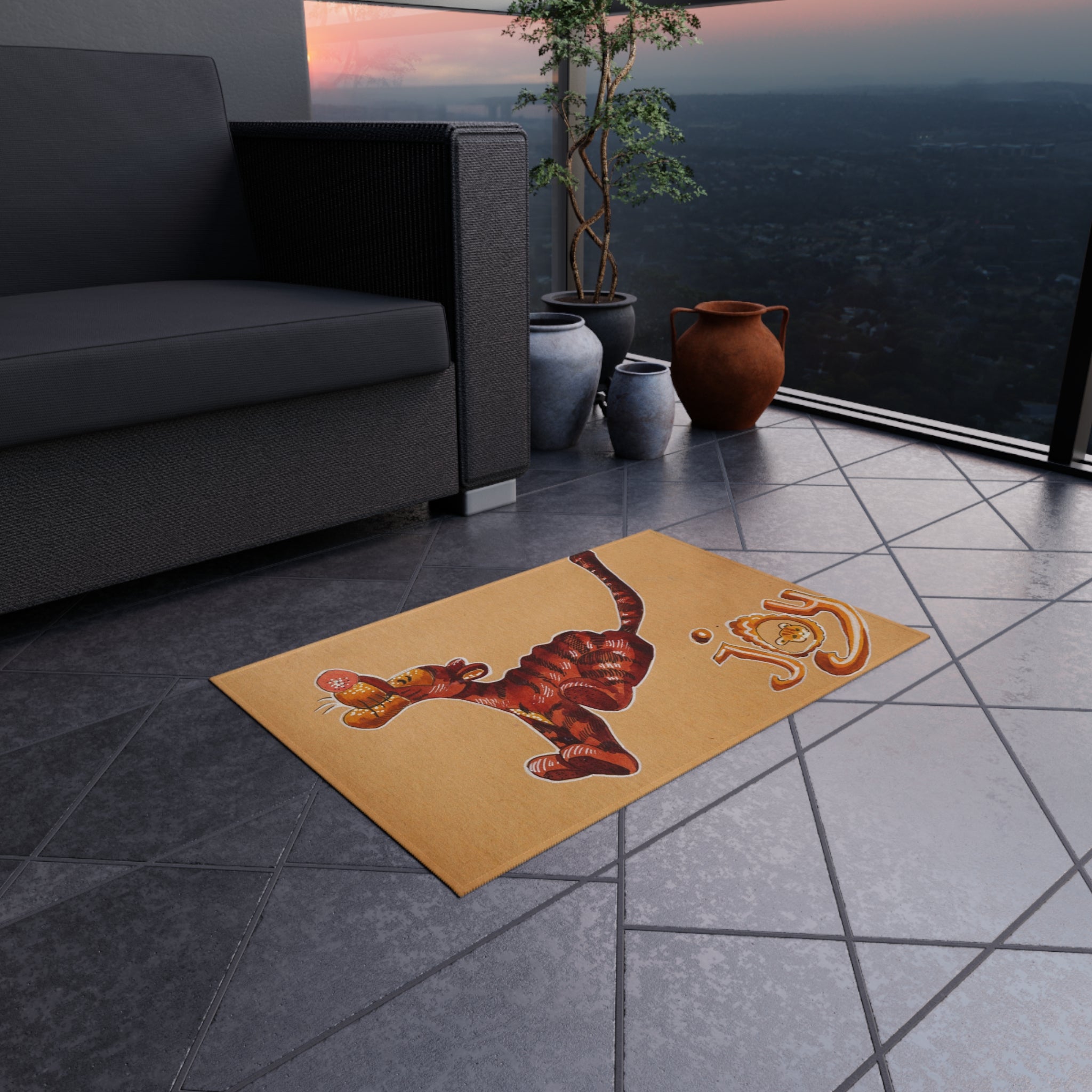 Outdoor Rug — Playful Tiger "Joy" Doormat for Patio & Entry
