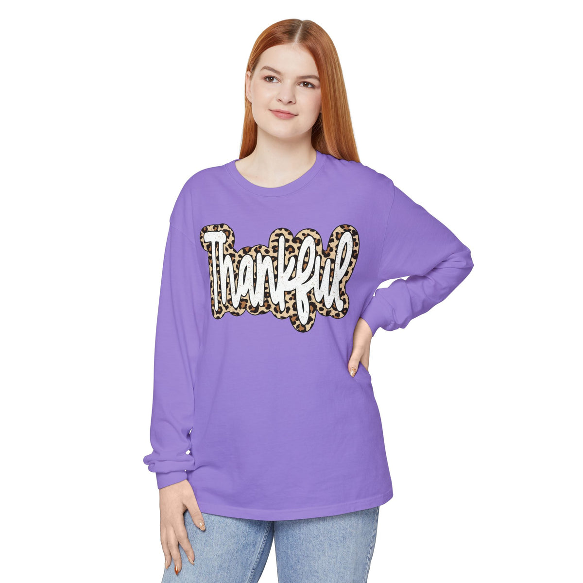 Thankful Leopard Print Long Sleeve T-Shirt | Thanksgiving Fall