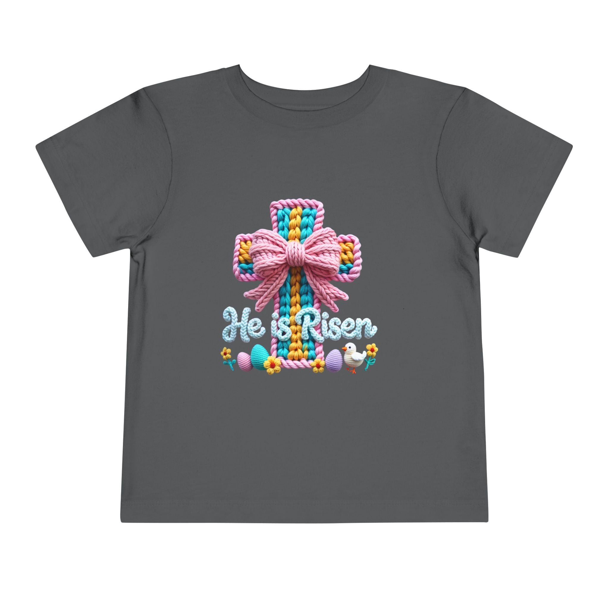 Easter Cross Toddler Tee — Colorful Knit Cross with "He is Risen" & Easter Eggs