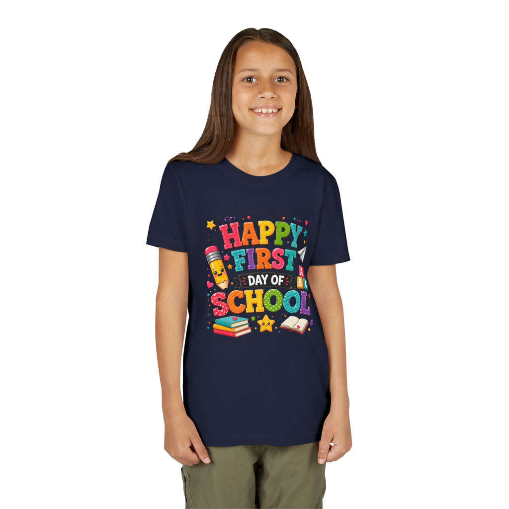 Youth Tee — "Happy First Day of School" Back-to-School Graphic Shirt