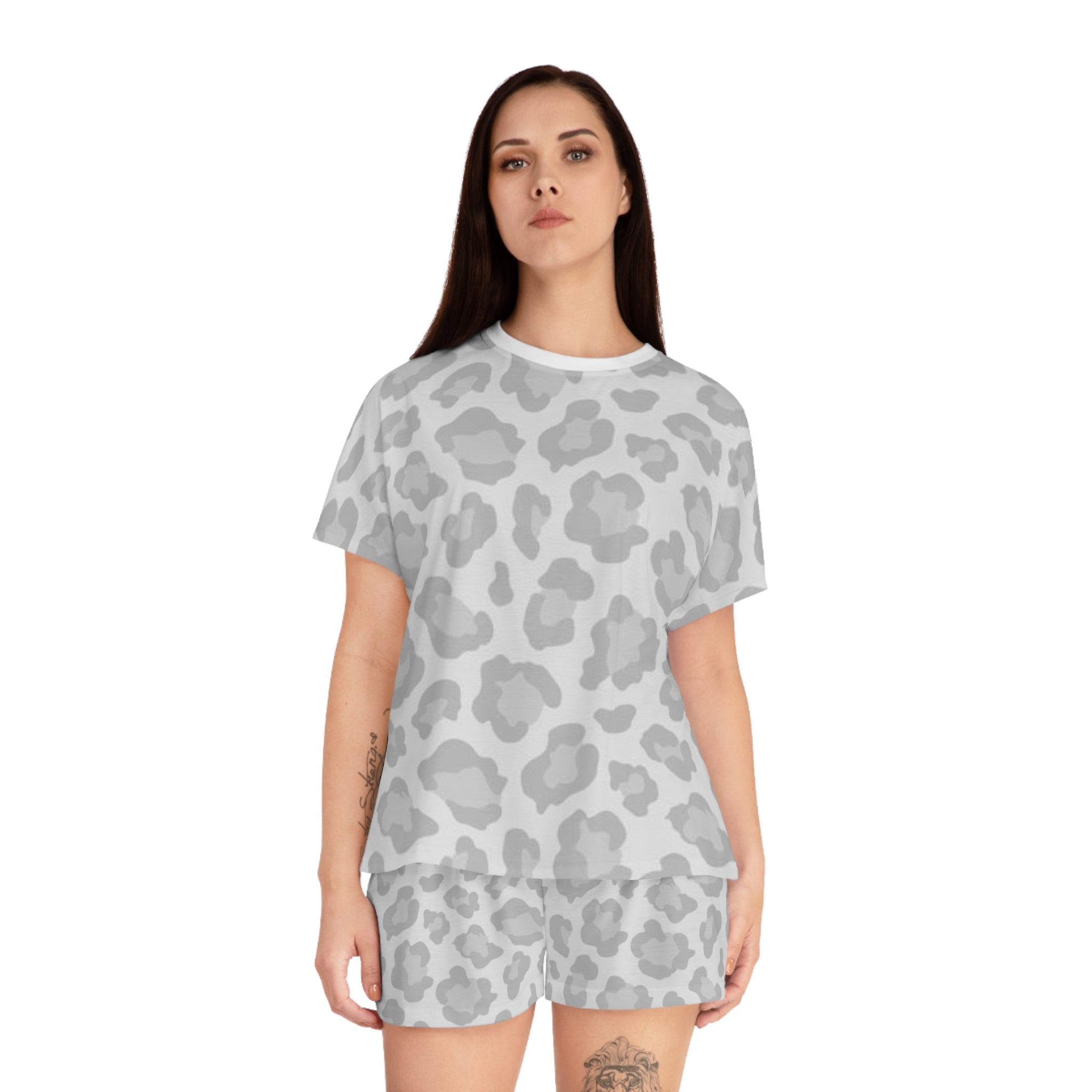 Gray Leopard Print Women's Short Pajama Set — Cozy Sleep Tee & Shorts