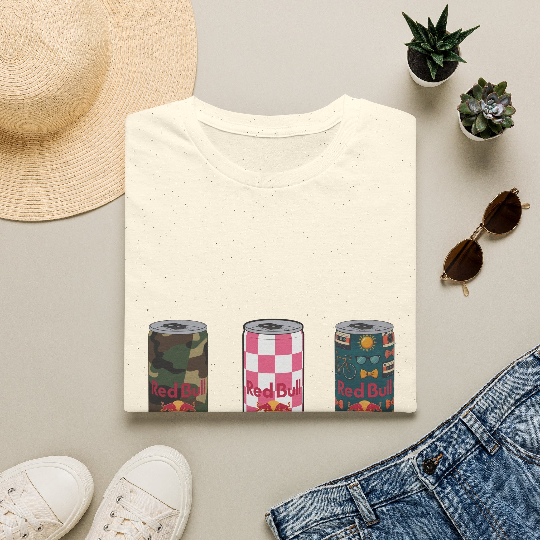 Energy Drink Can Trio T-Shirt — Camouflage, Checker & Floral Cans