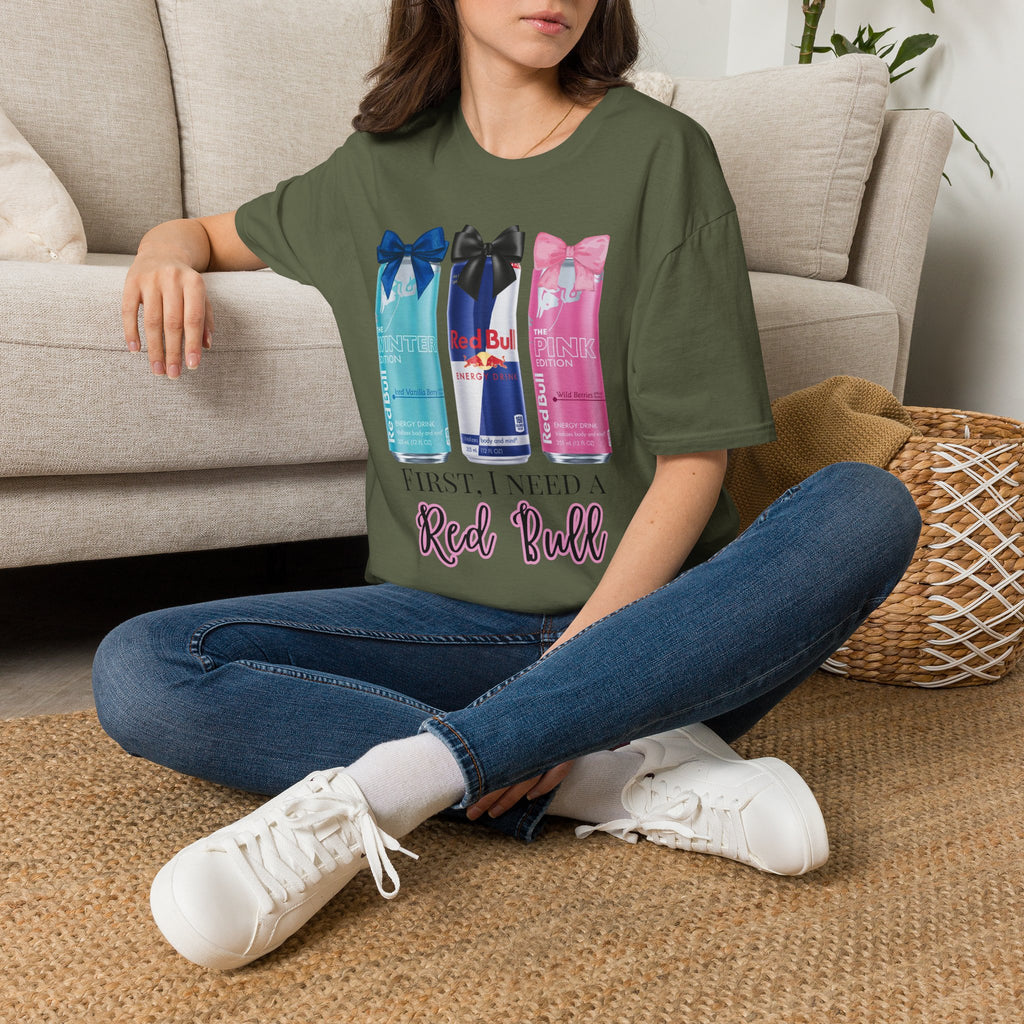 T-Shirt — “First I Need a Red Bull” Energy Drink Can Graphic Tee