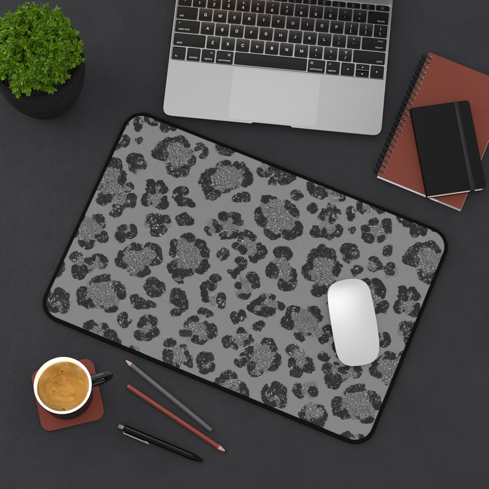 Grey Leopard Print Desk Mat — Stylish Anti-Slip Mouse Pad