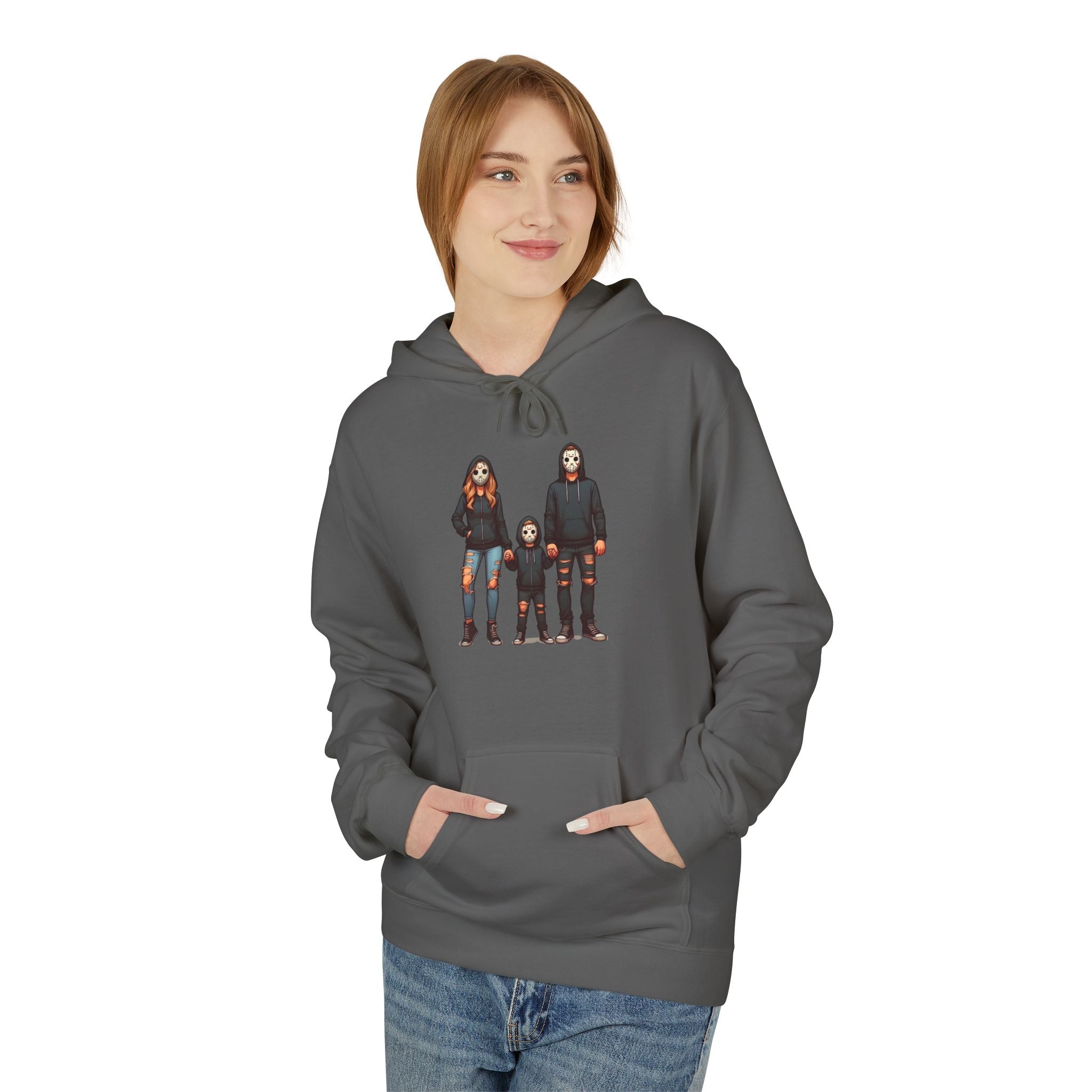 Horror Trio Graphic Hoodie — Creepy Doll & Twins Illustration