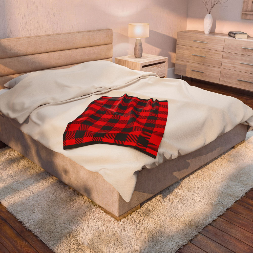 Buffalo Plaid Velveteen Plush Blanket – Red & Black Cozy Throw for Living Room, Cabin, Holiday Gift