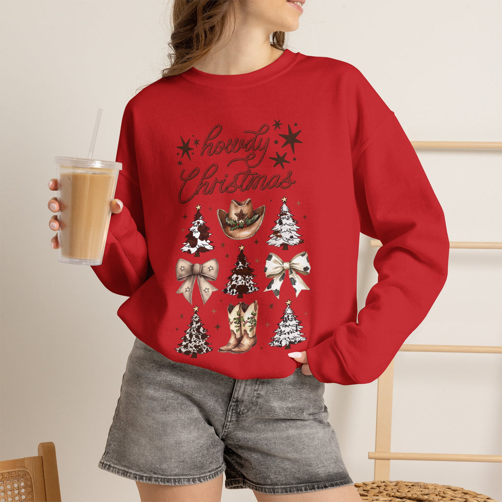 Howdy Christmas Sweatshirt — Western Cowboy Holiday Crewneck with Boots & Trees