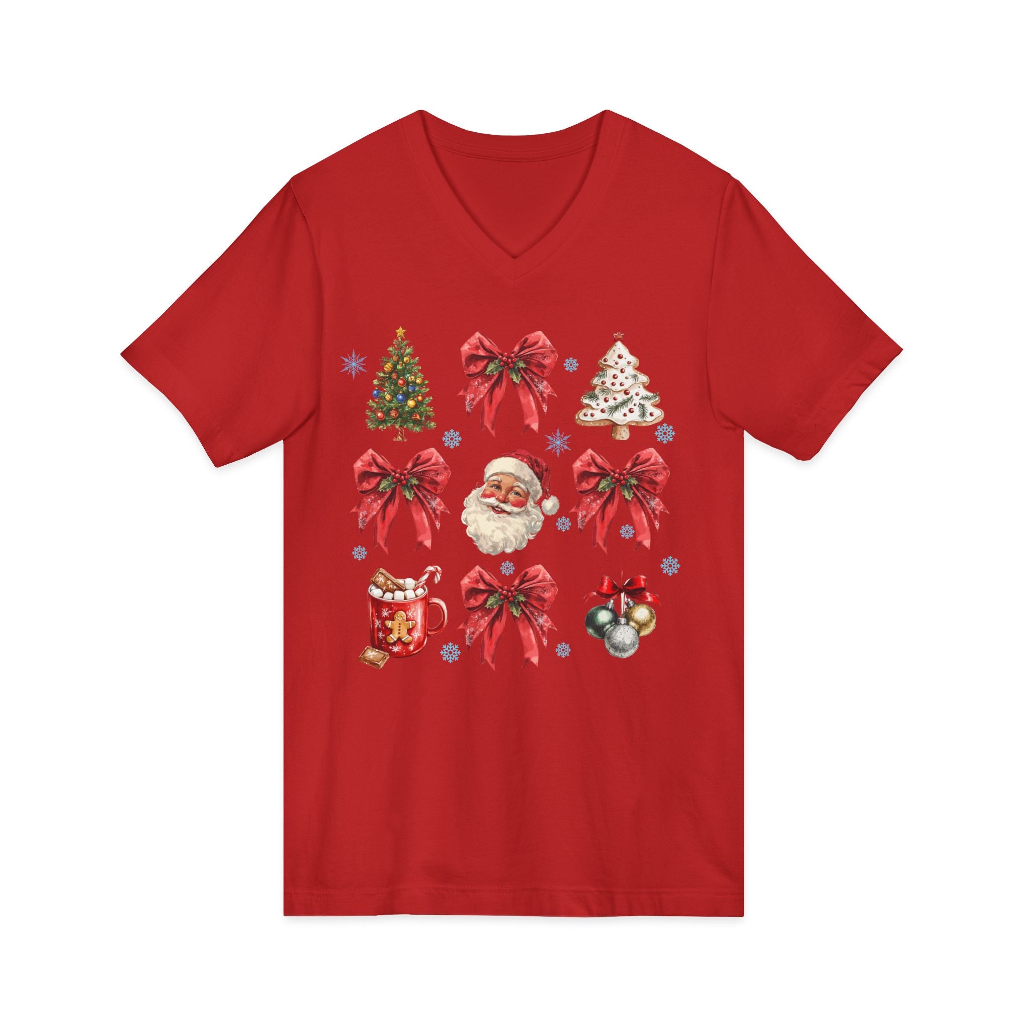 Christmas Icons V-Neck Tee — Santa, Trees & Holiday Bows