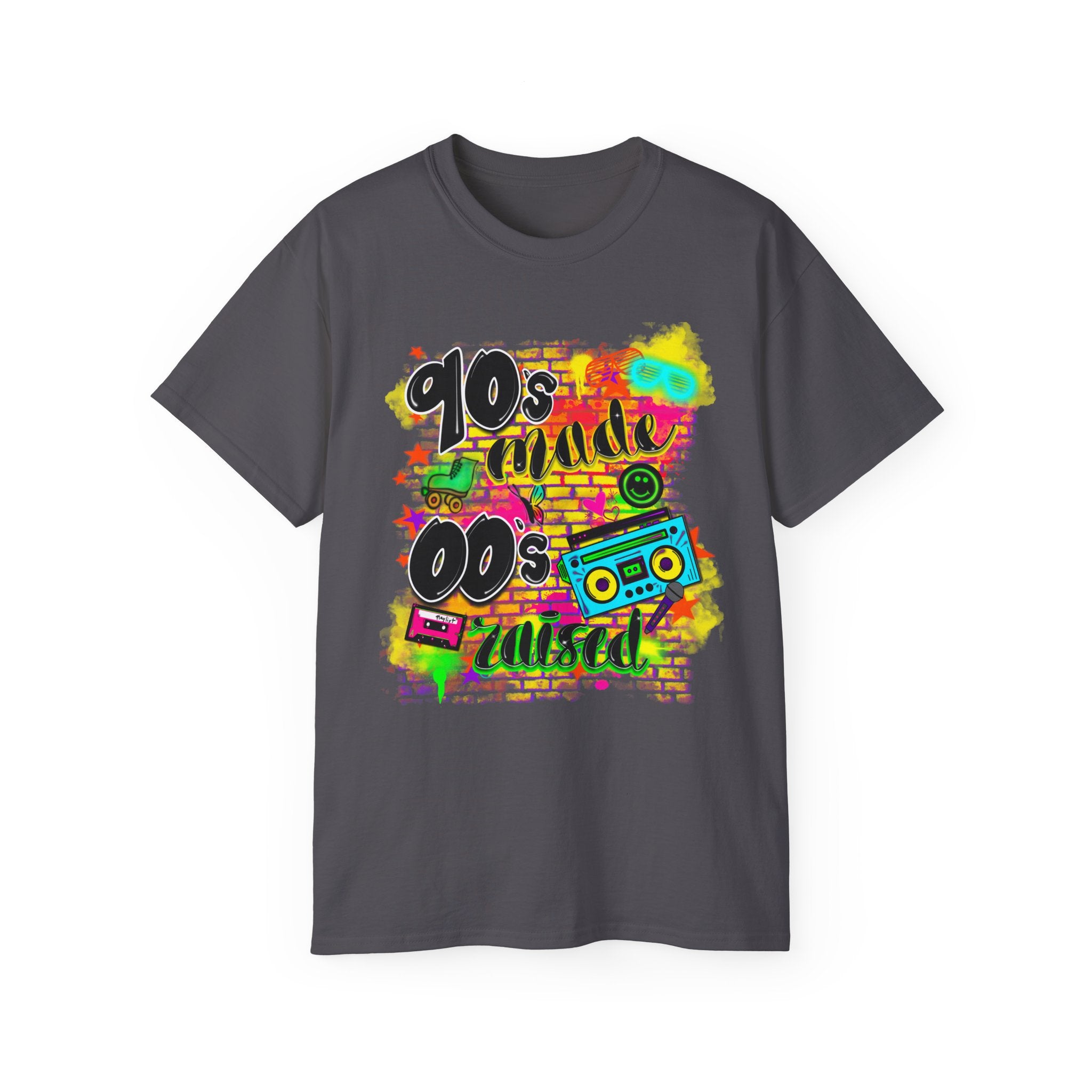 90s Made 00s Raised T-Shirt — Neon Retro Boombox Graphic Tee