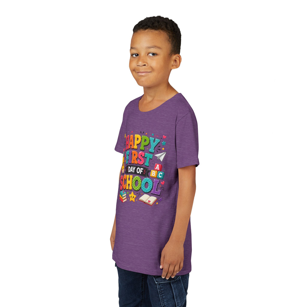 Youth Tee — "Happy First Day of School" Back-to-School Graphic Shirt
