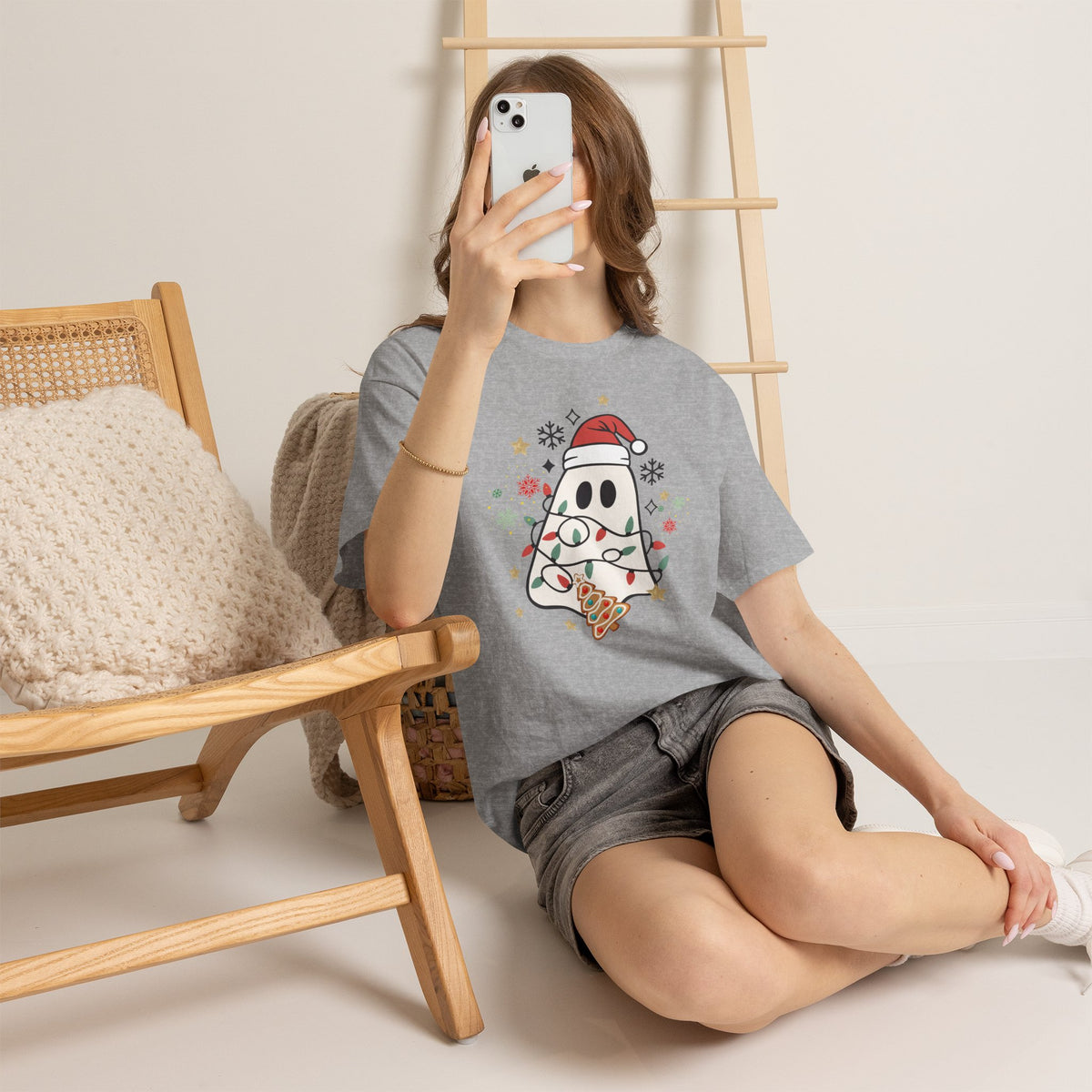 Christmas Ghost T-Shirt — Cute Haunted Holiday Tee with Santa Hat & Lights