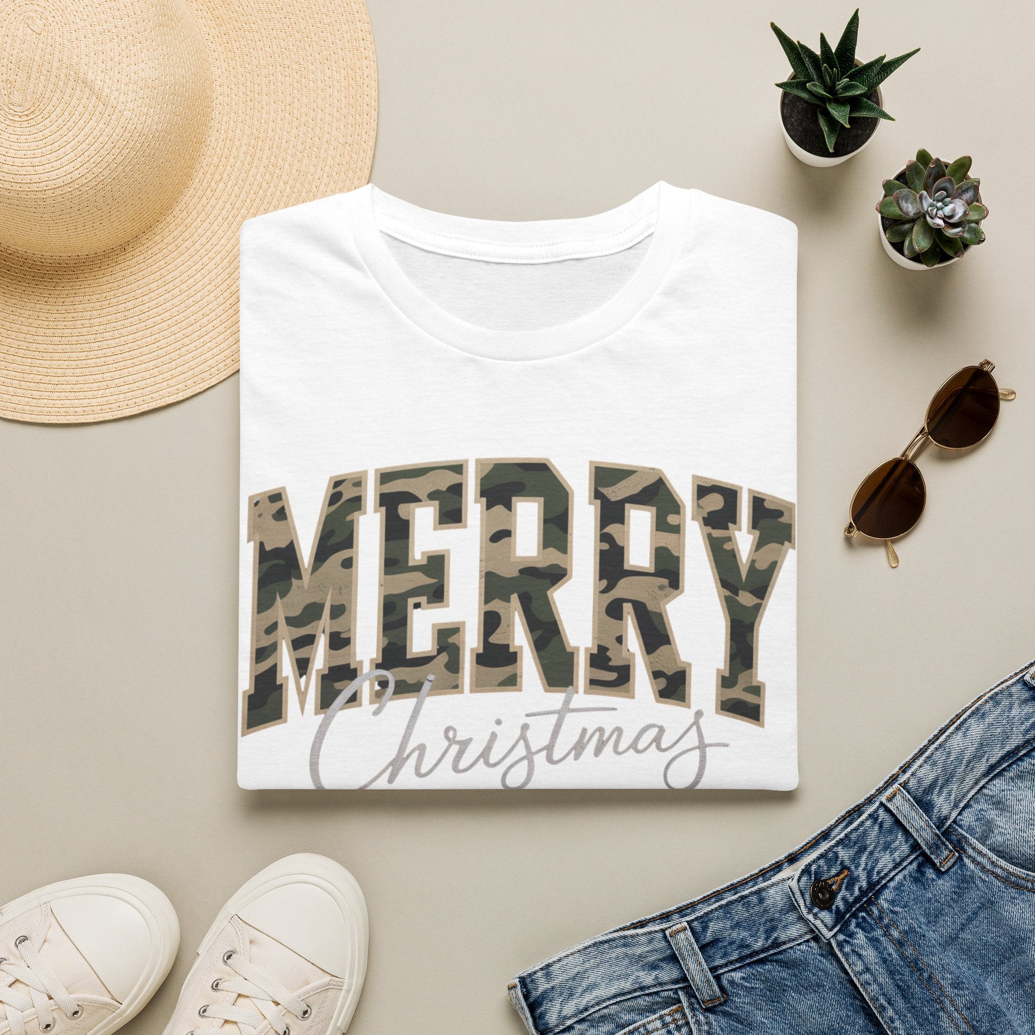 Merry Christmas Camo Tee — Women's Holiday Graphic T-Shirt
