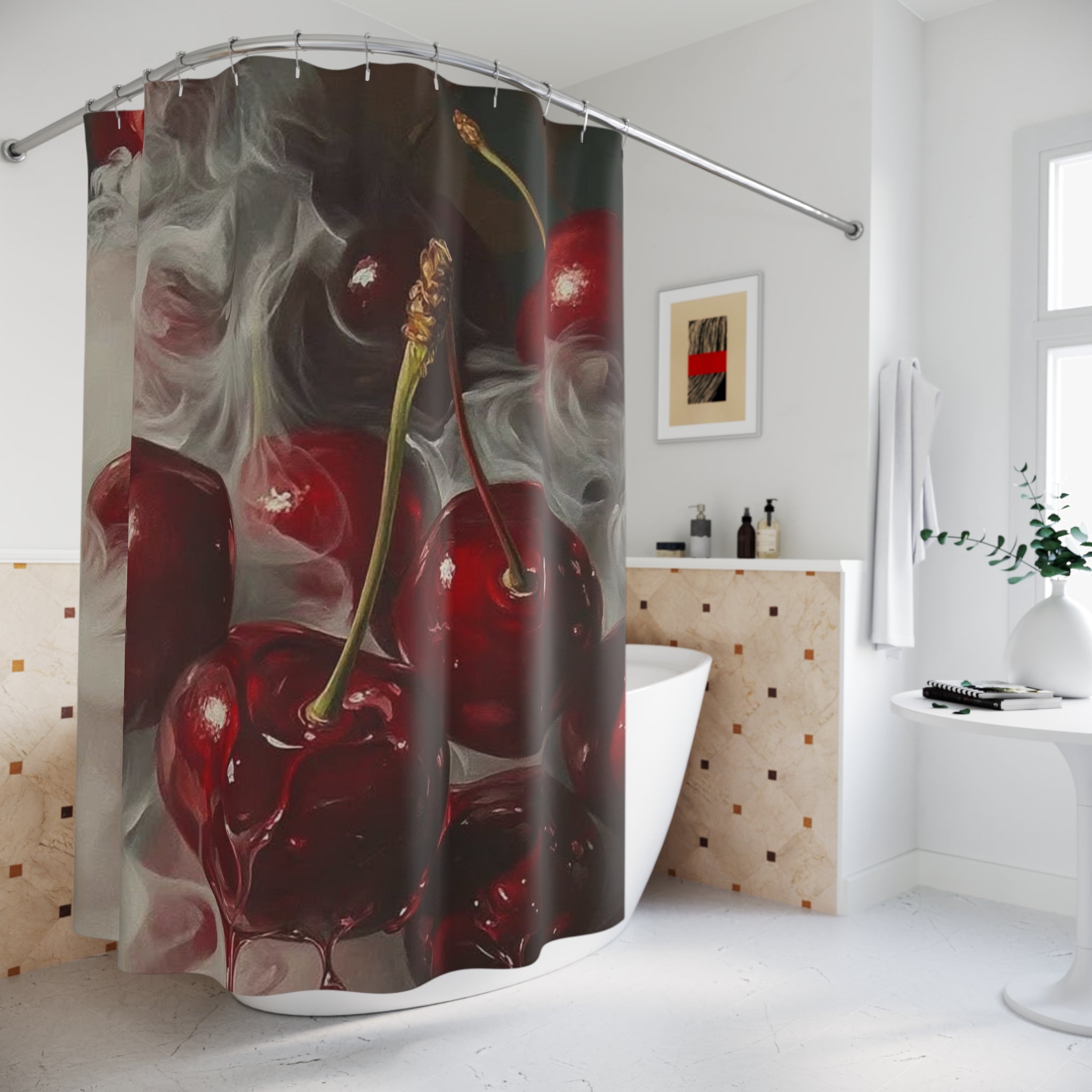 Cherry Smoke Shower Curtain — Dramatic Red Cherry Bathroom Decor