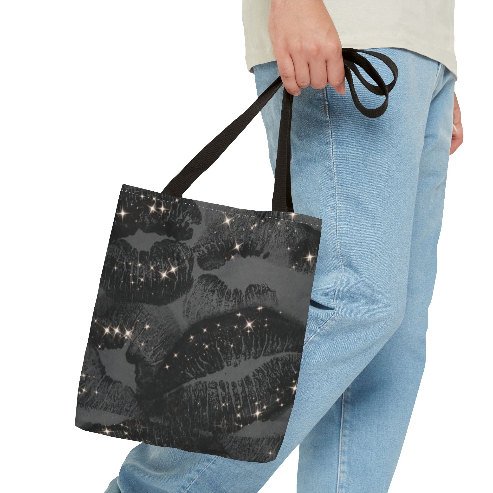 Glitter Kiss Print Tote Bag | Black Lipstick Pattern, Sparkle All-Over