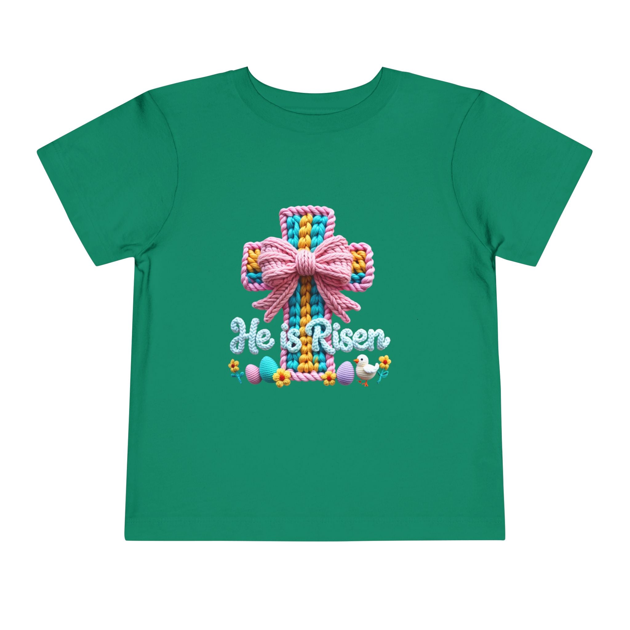 Easter Cross Toddler Tee — Colorful Knit Cross with "He is Risen" & Easter Eggs