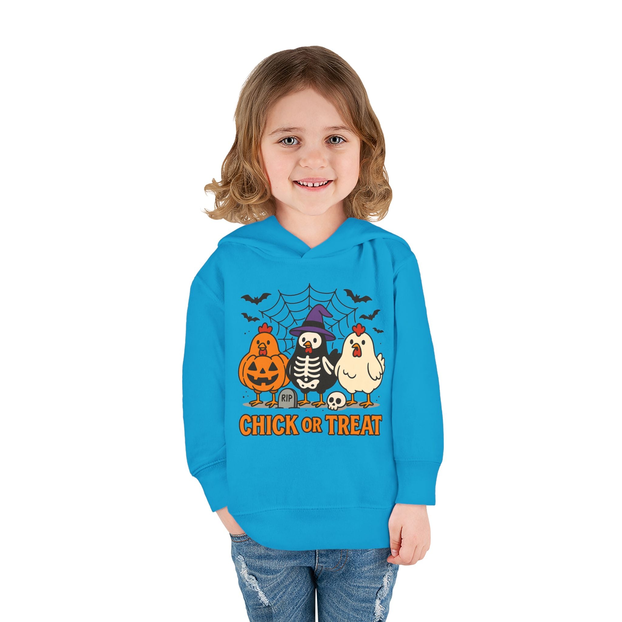 Toddler Halloween Pullover Hoodie – "Chick or Treat" Pumpkin Skeleton Chicken Kids Fleece