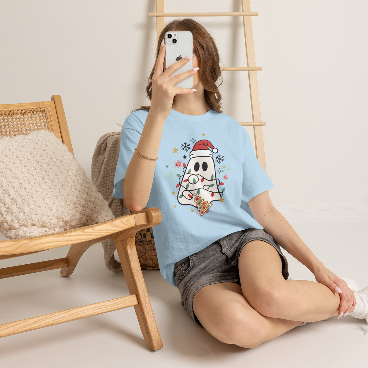 Christmas Ghost T-Shirt — Cute Haunted Holiday Tee with Santa Hat & Lights