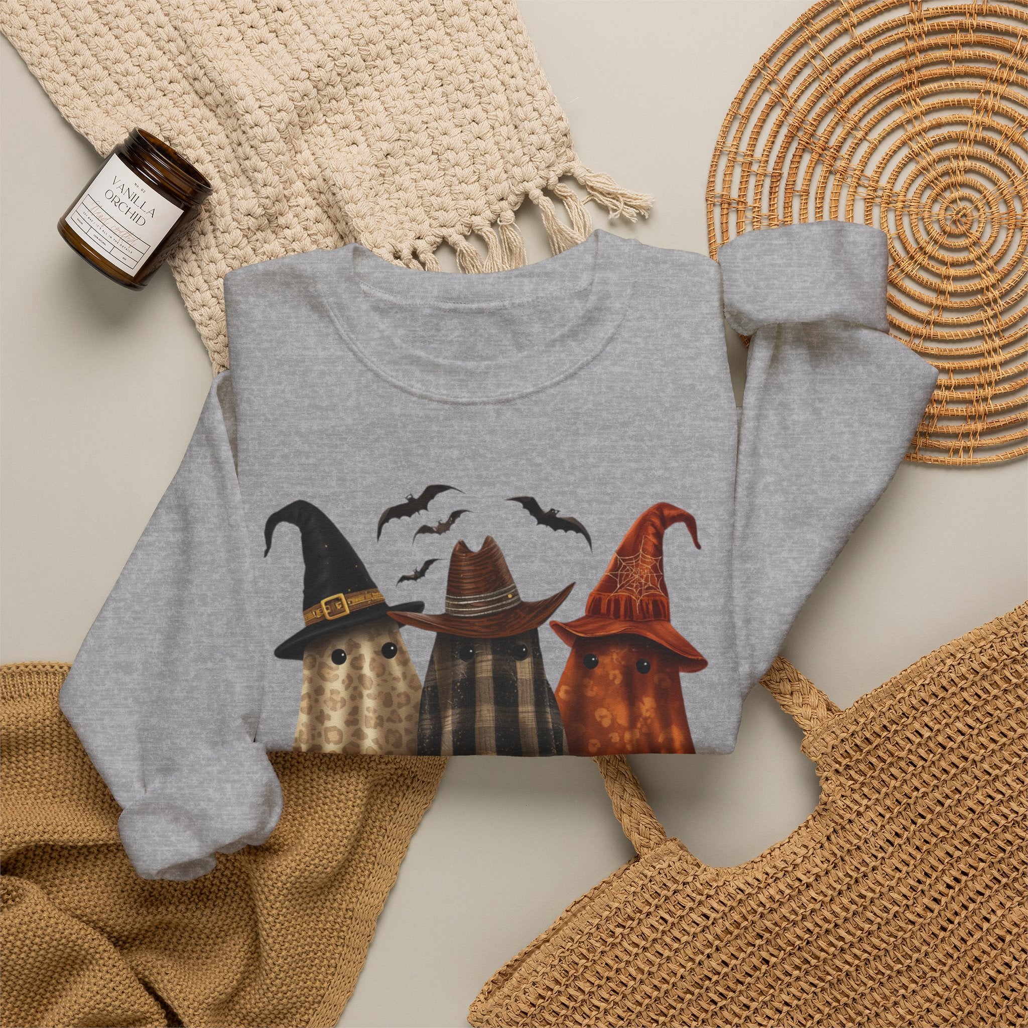 Halloween Witch Ghosts Crewneck Sweatshirt — Cozy Pumpkin & Bats Fall Graphic