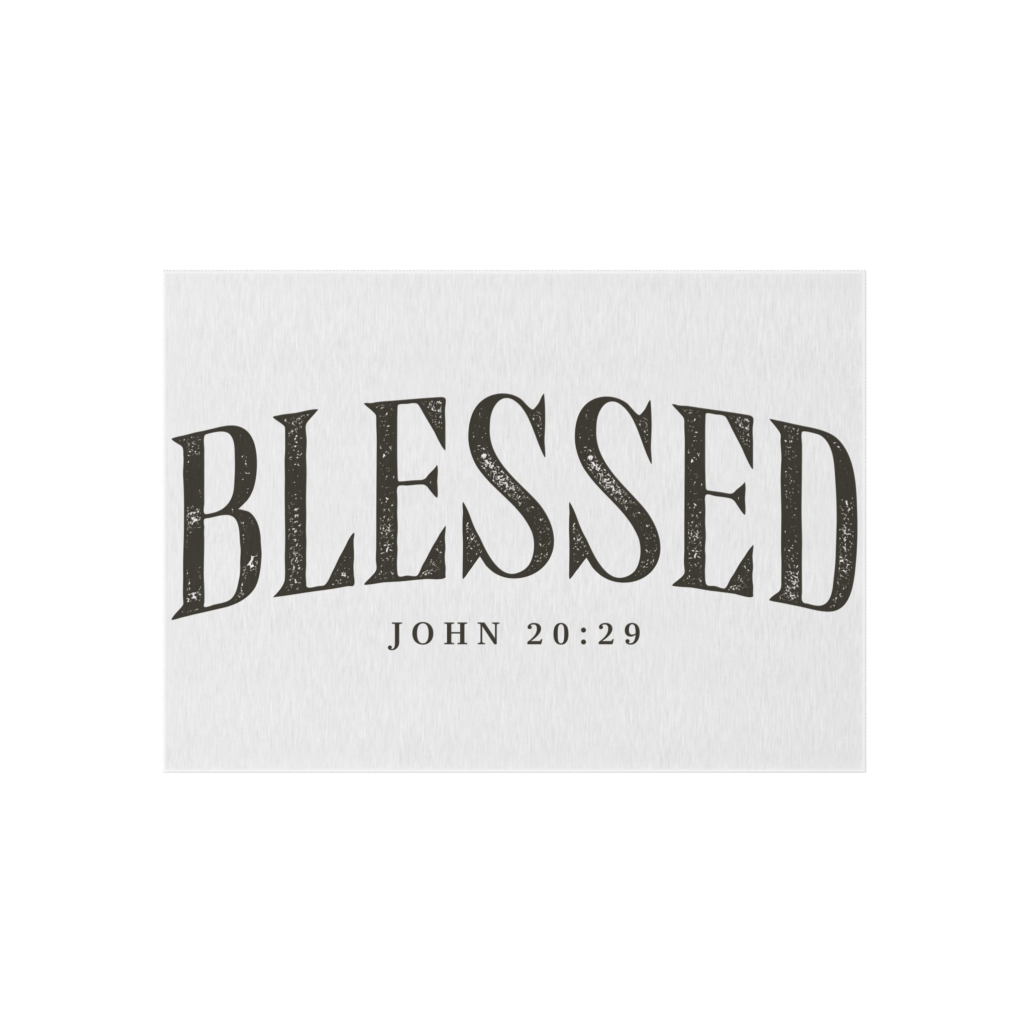 Blessed Outdoor Rug — "BLESSED" with John 20:29 Doormat