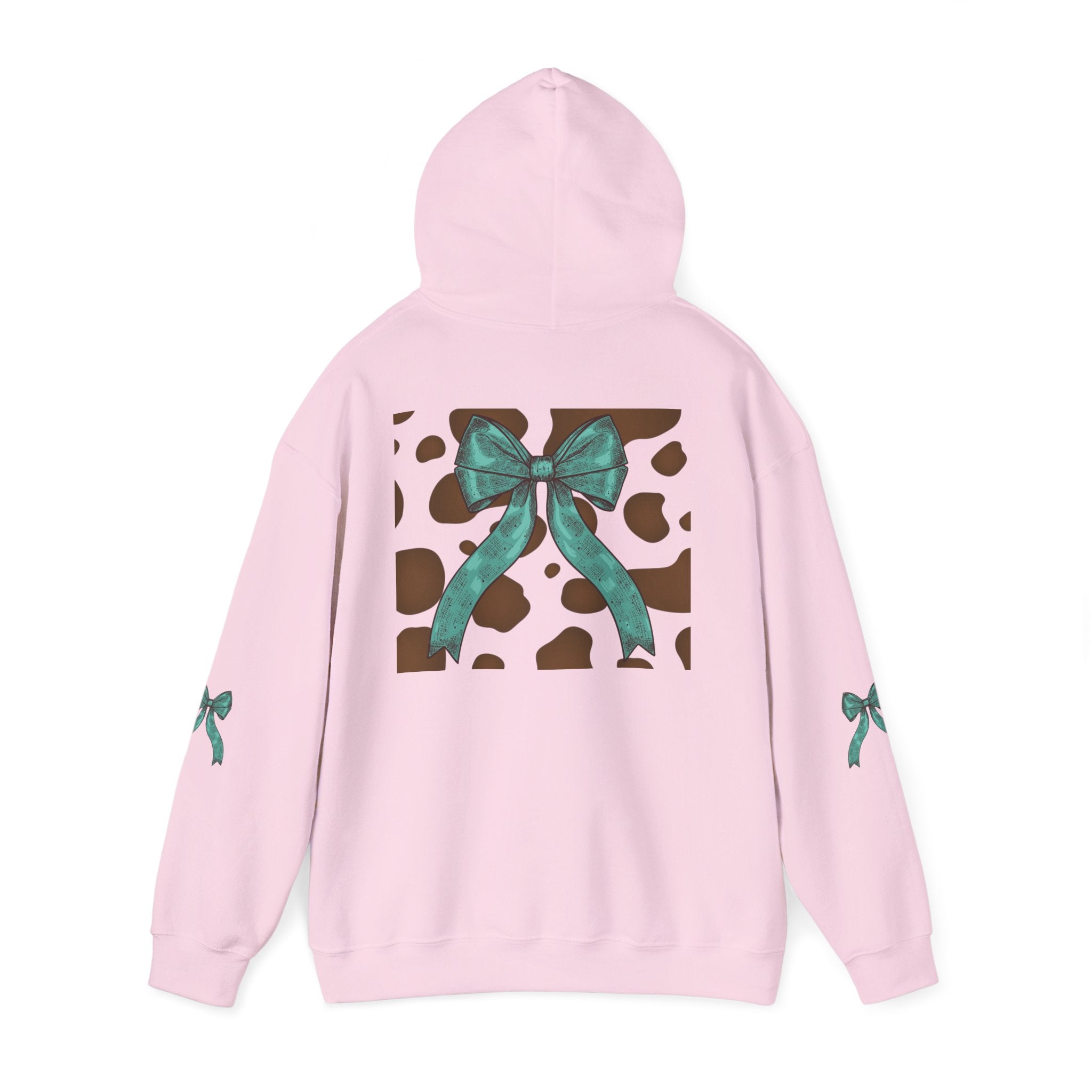 Mama Leopard Letters teal bow Hoodie | Cow print back panel, sleeve bows