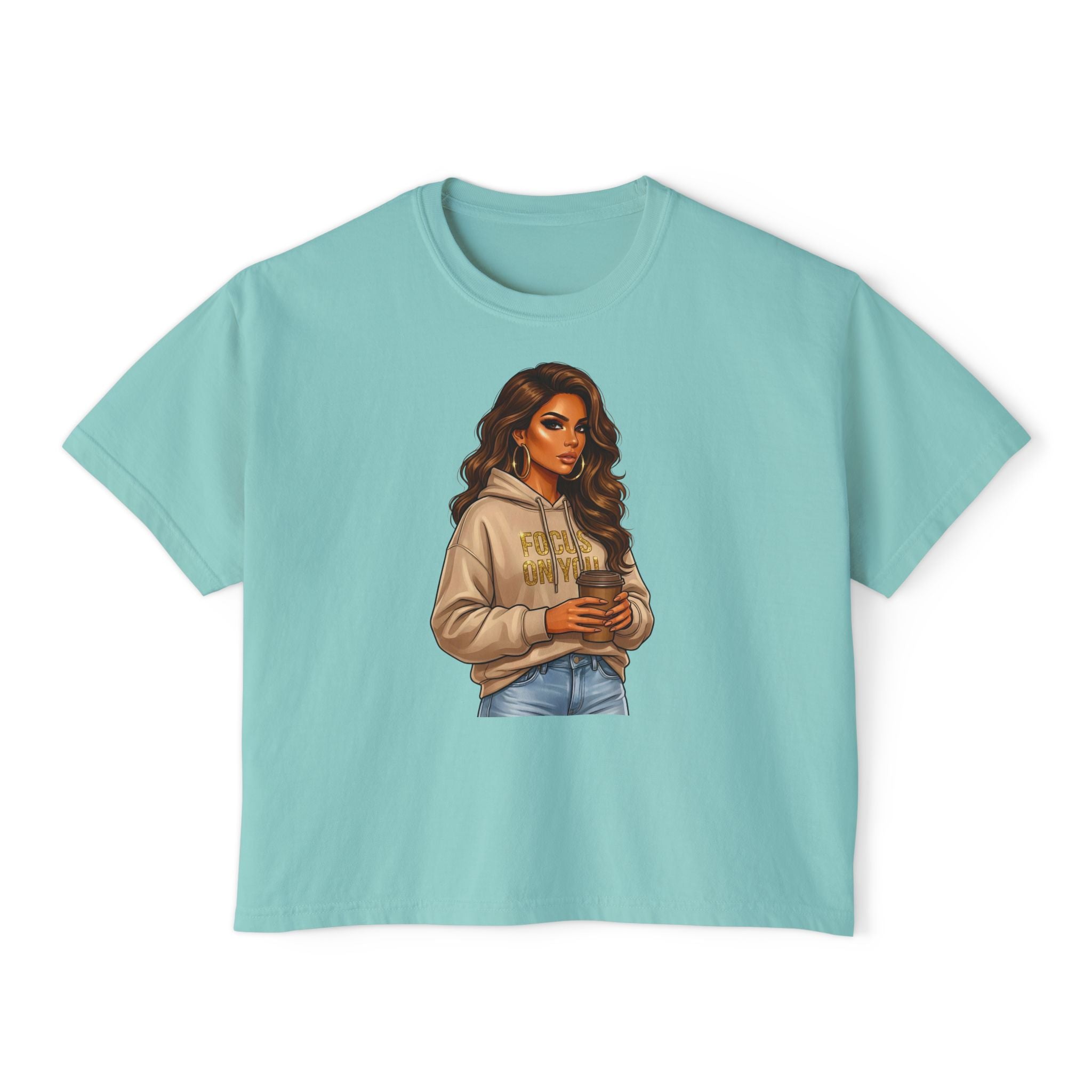 Women's Boxy Tee — Cozy Coffee Girl Graphic Crop T-Shirt
