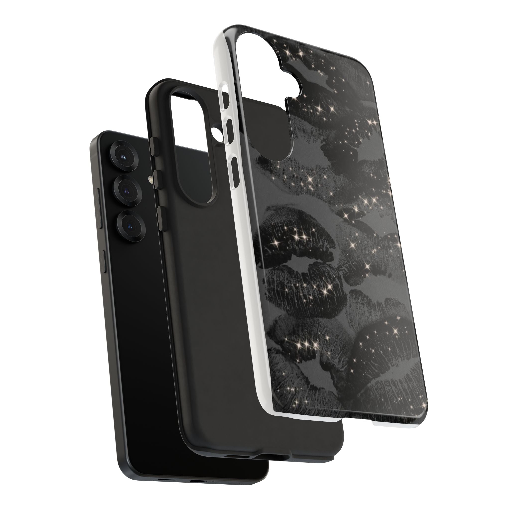Black Glitter Kiss Phone Case — Sparkling Lip Print Protective Cover
