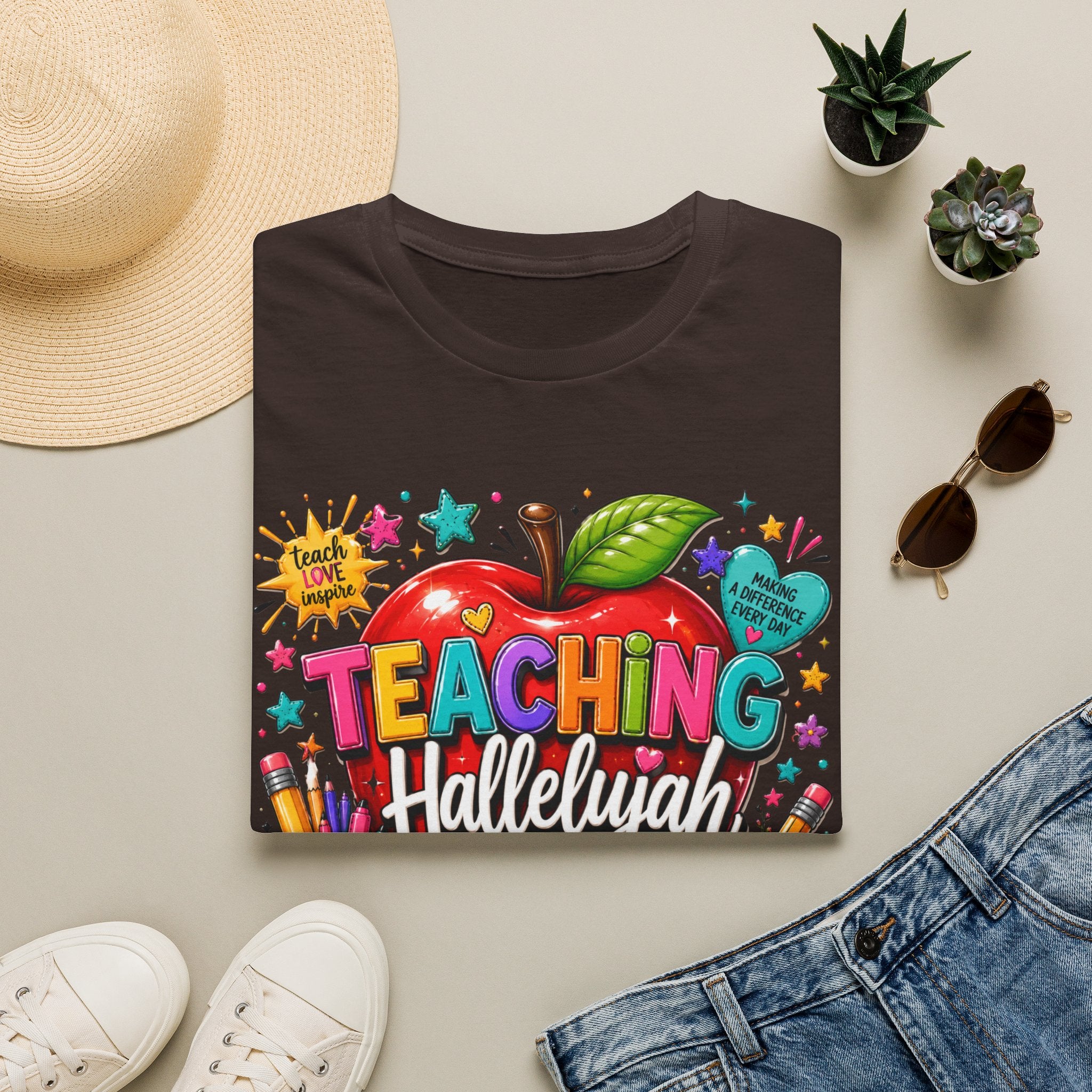 Teacher T-Shirt — "Teaching Hallelujah" Colorful Apple Classroom Tee