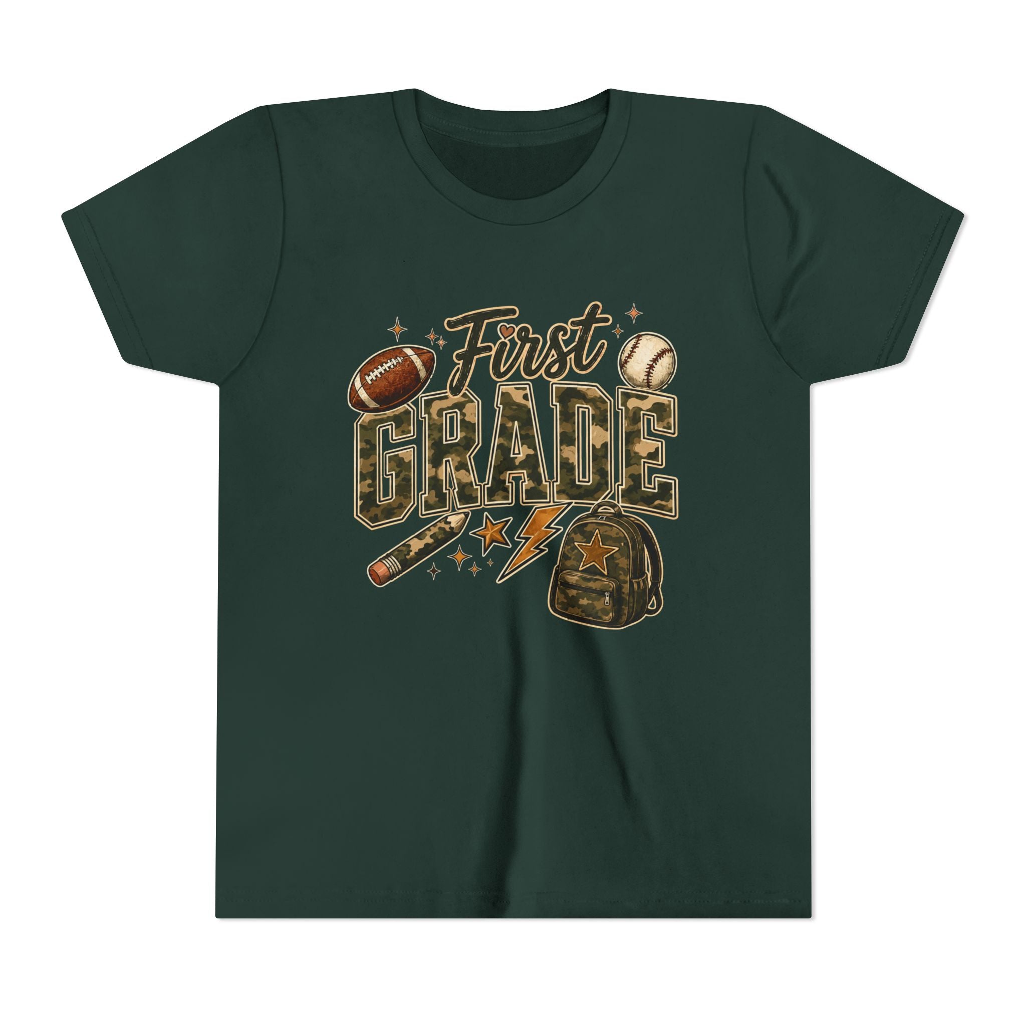 First Grade Kids T‑Shirt — Back to School Sports Backpack Design