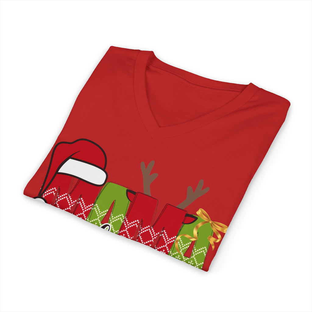 Mom Claus V-Neck Tee — Christmas Holiday Family Graphic Shirt