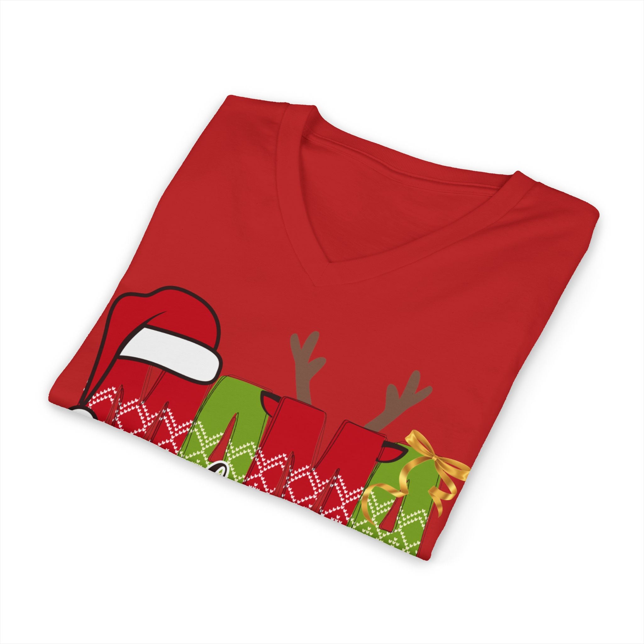Mom Claus V-Neck Tee — Christmas Holiday Family Graphic Shirt