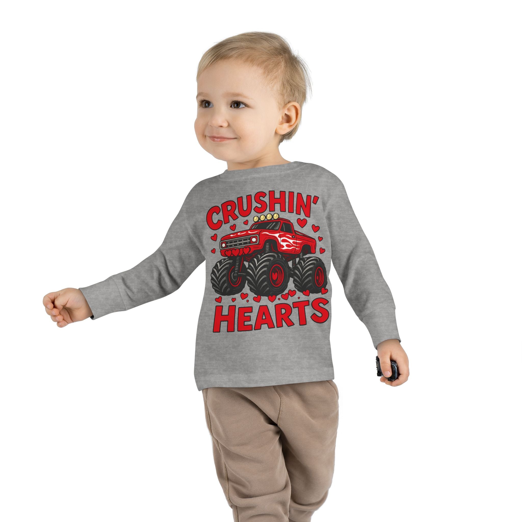 Crushin' Hearts Toddler Long Sleeve Tee - Monster Truck Valentine Shirt