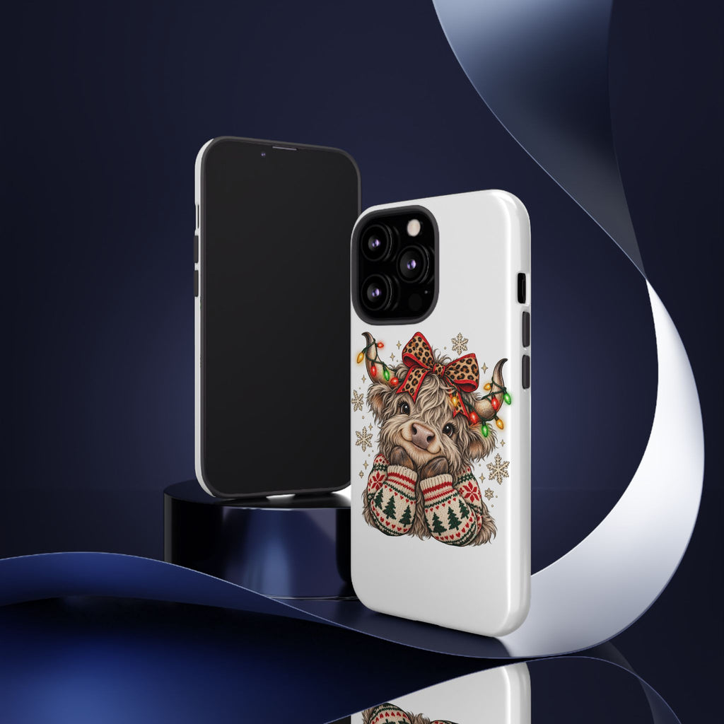 Holiday Highland Cow Phone Case – Festive Lights & Cozy Sweater Design