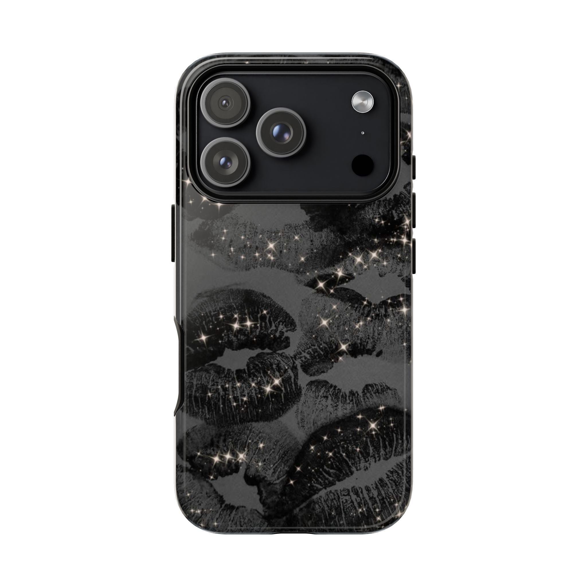 Black Glitter Kiss Phone Case — Sparkling Lip Print Protective Cover