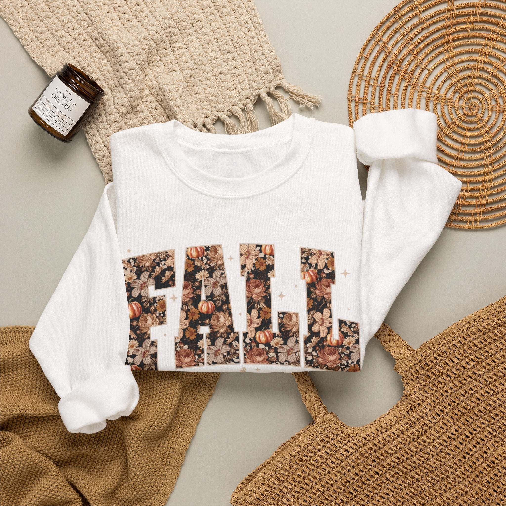 Fall Vibes Crewneck Sweatshirt — Floral Lettering Autumn Pullover