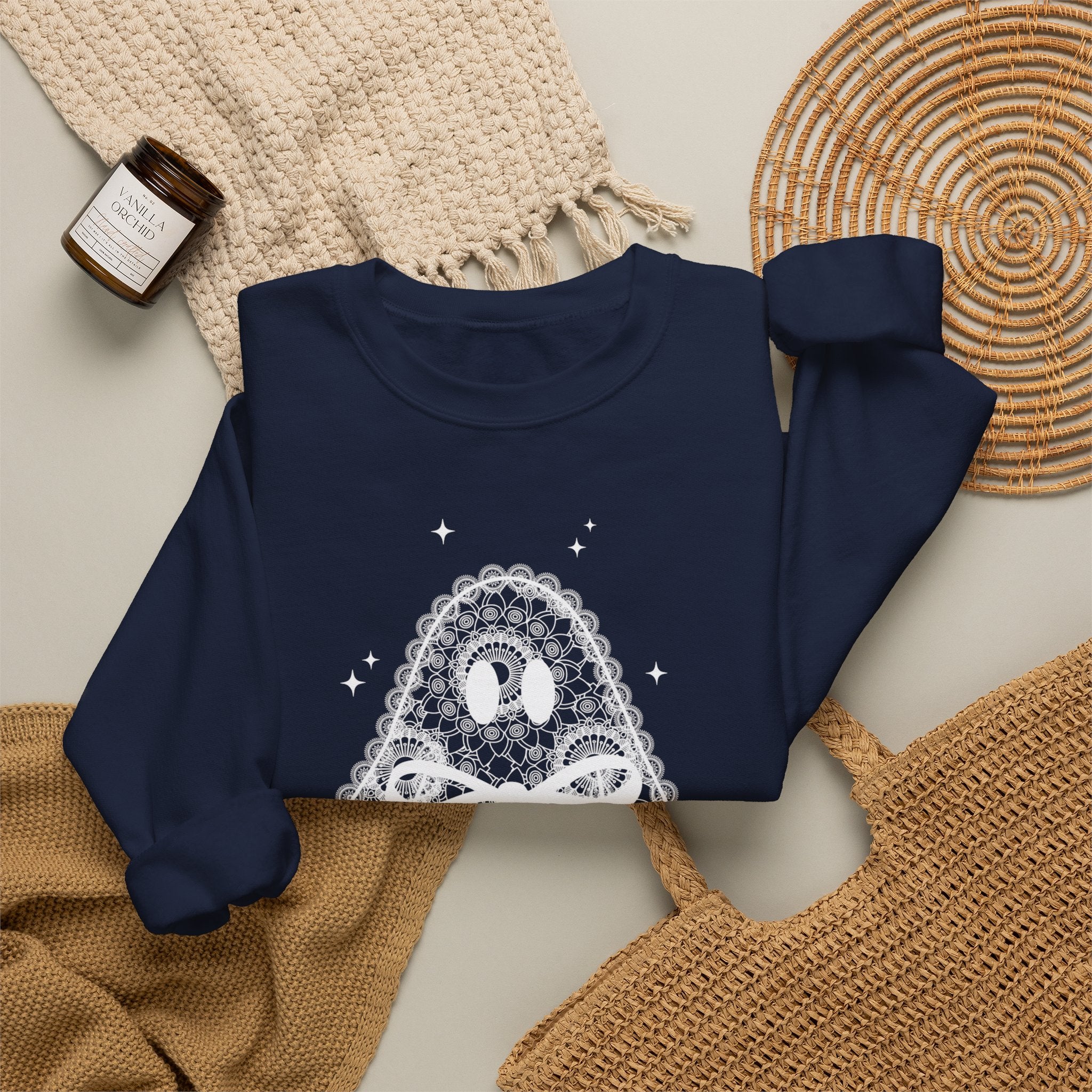 Crewneck Sweatshirt — Lace Ghost Illustration Cozy Halloween Pullover