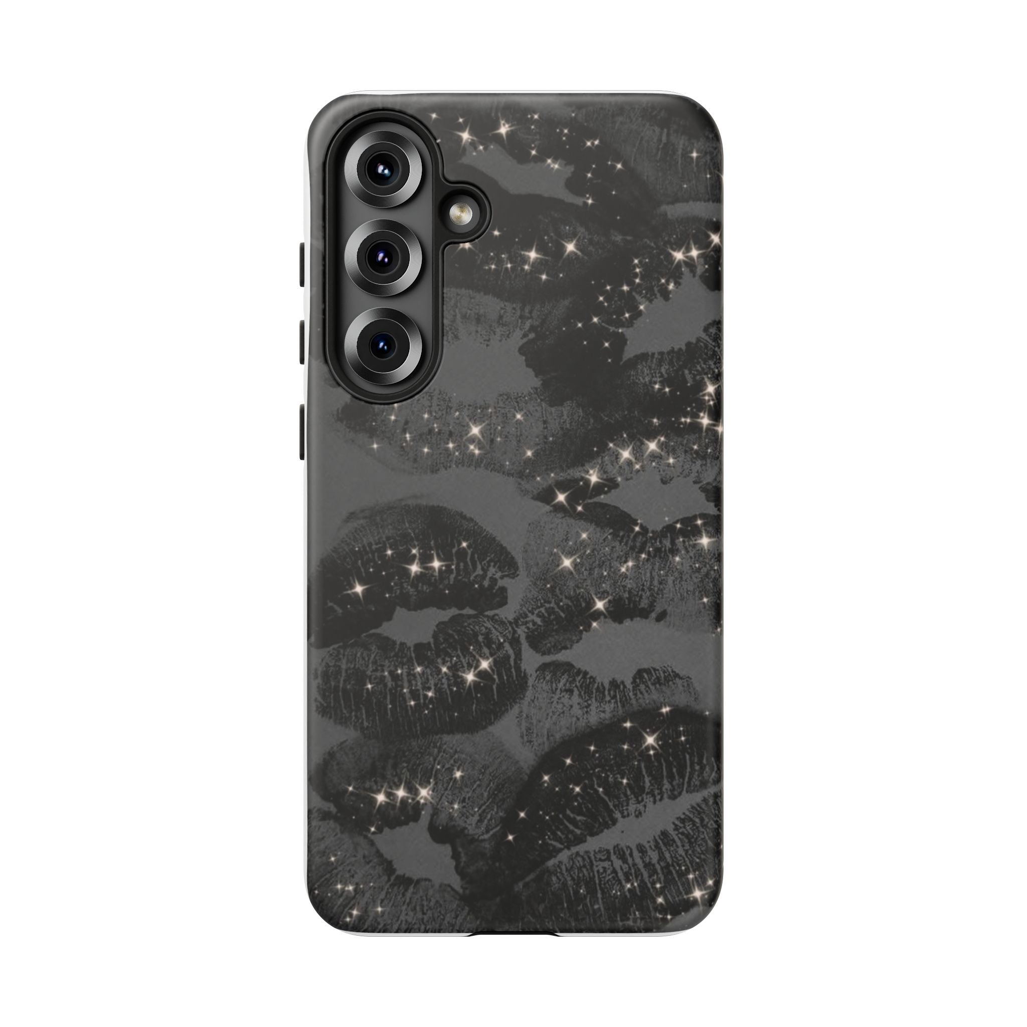 Black Glitter Kiss Phone Case — Sparkling Lip Print Protective Cover