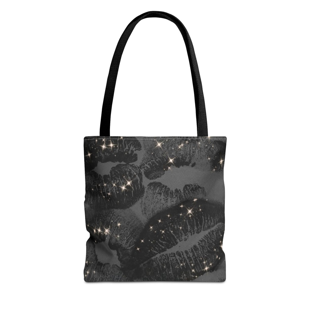 Glitter Kiss Print Tote Bag | Black Lipstick Pattern, Sparkle All-Over