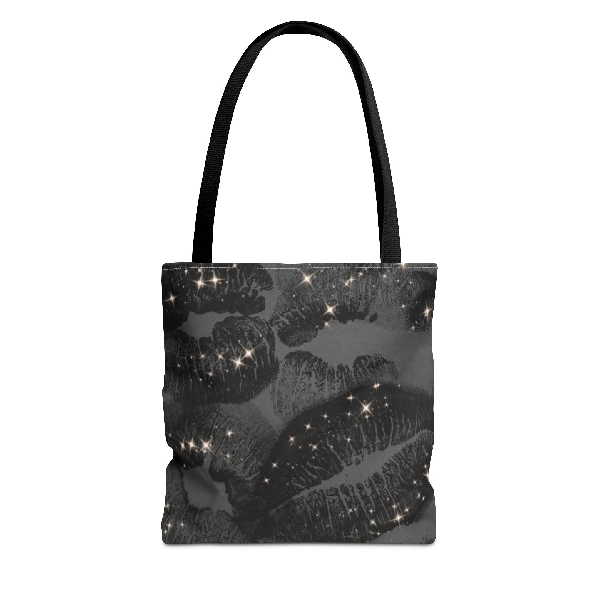 Glitter Kiss Print Tote Bag | Black Lipstick Pattern, Sparkle All-Over